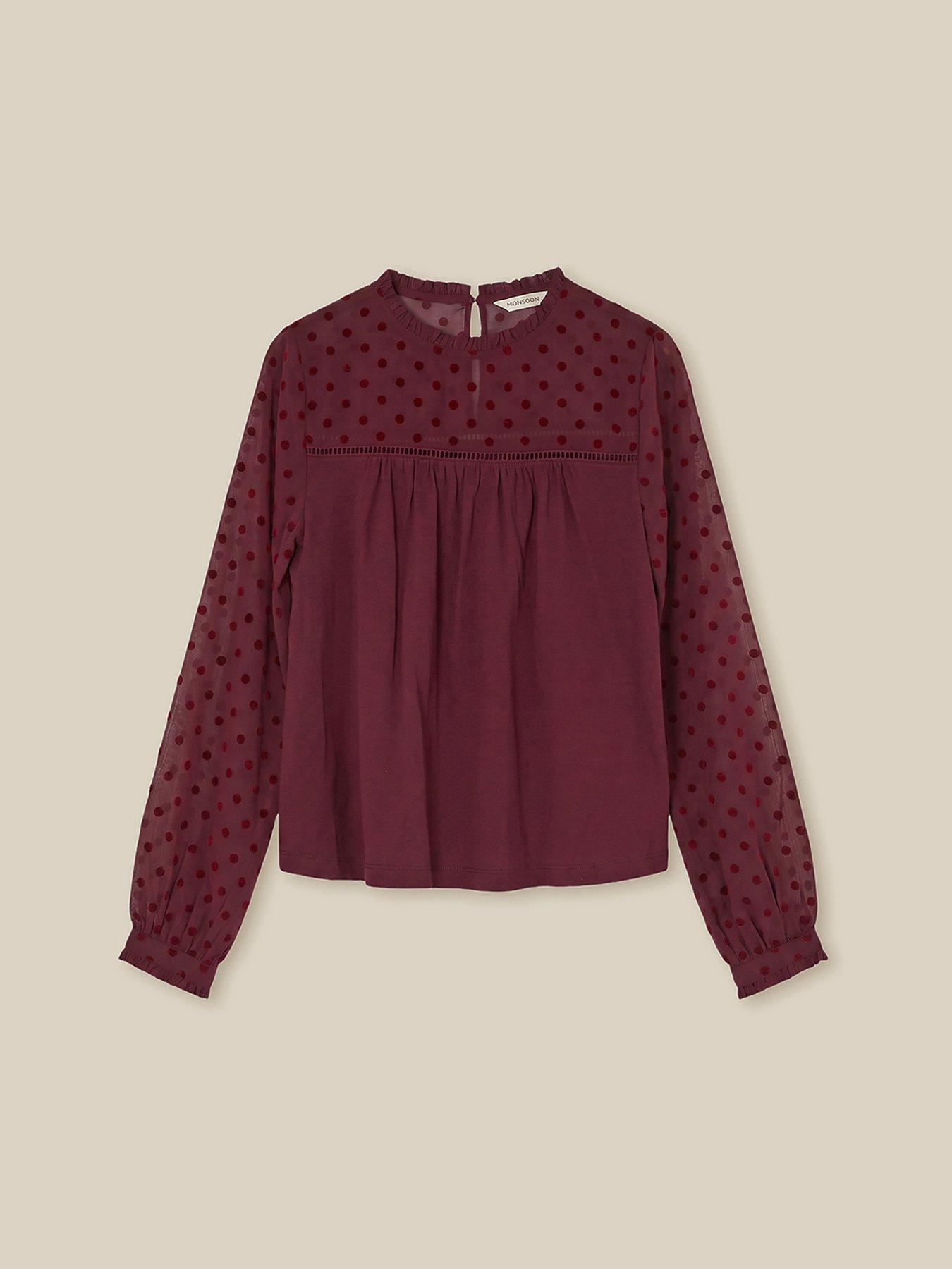 Image 5 of 5 of Monsoon Womens Diana Devore Polka Dot Mesh Frill Neck Blouse - Red