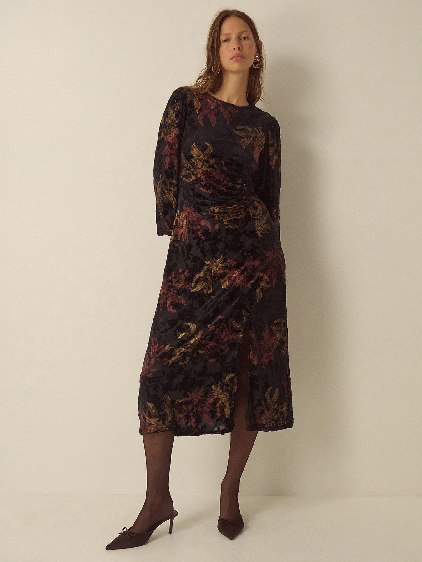 Image 1 of 6 of Monsoon Womens Dora Devore Ruched Waist Fluted Sleeve Dress - Black