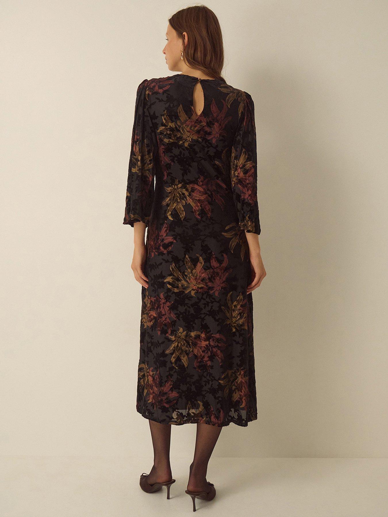Image 3 of 6 of Monsoon Womens Dora Devore Ruched Waist Fluted Sleeve Dress - Black