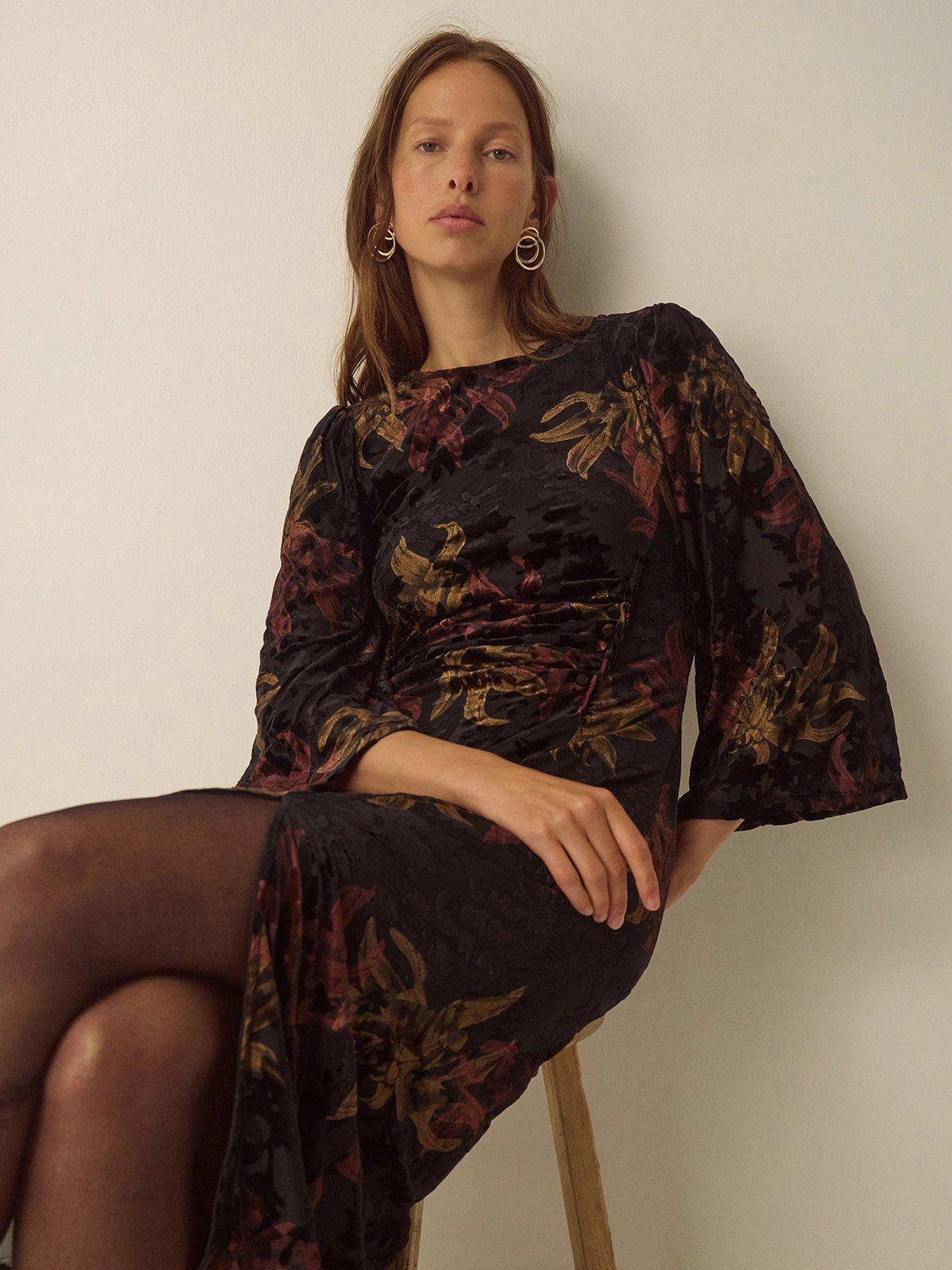 Image 4 of 6 of Monsoon Womens Dora Devore Ruched Waist Fluted Sleeve Dress - Black