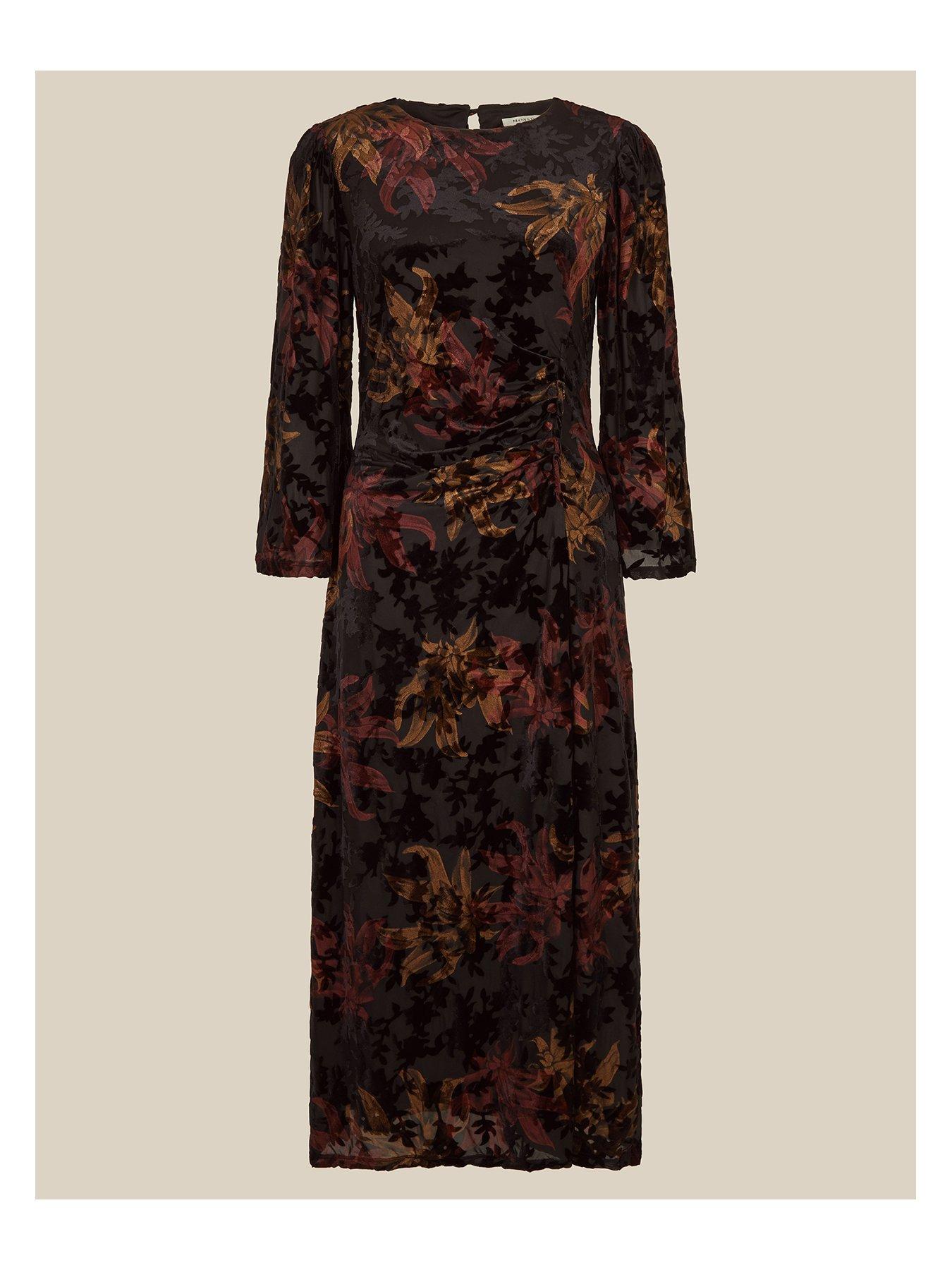 Image 6 of 6 of Monsoon Womens Dora Devore Ruched Waist Fluted Sleeve Dress - Black