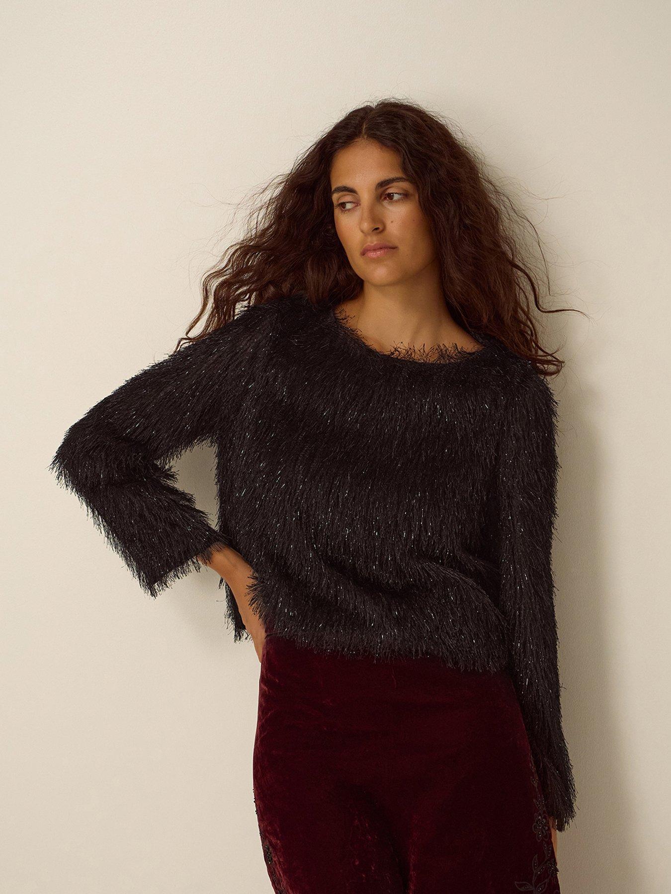 Image 1 of 5 of Monsoon Eyelash Knit Keyhole Back Top - Black