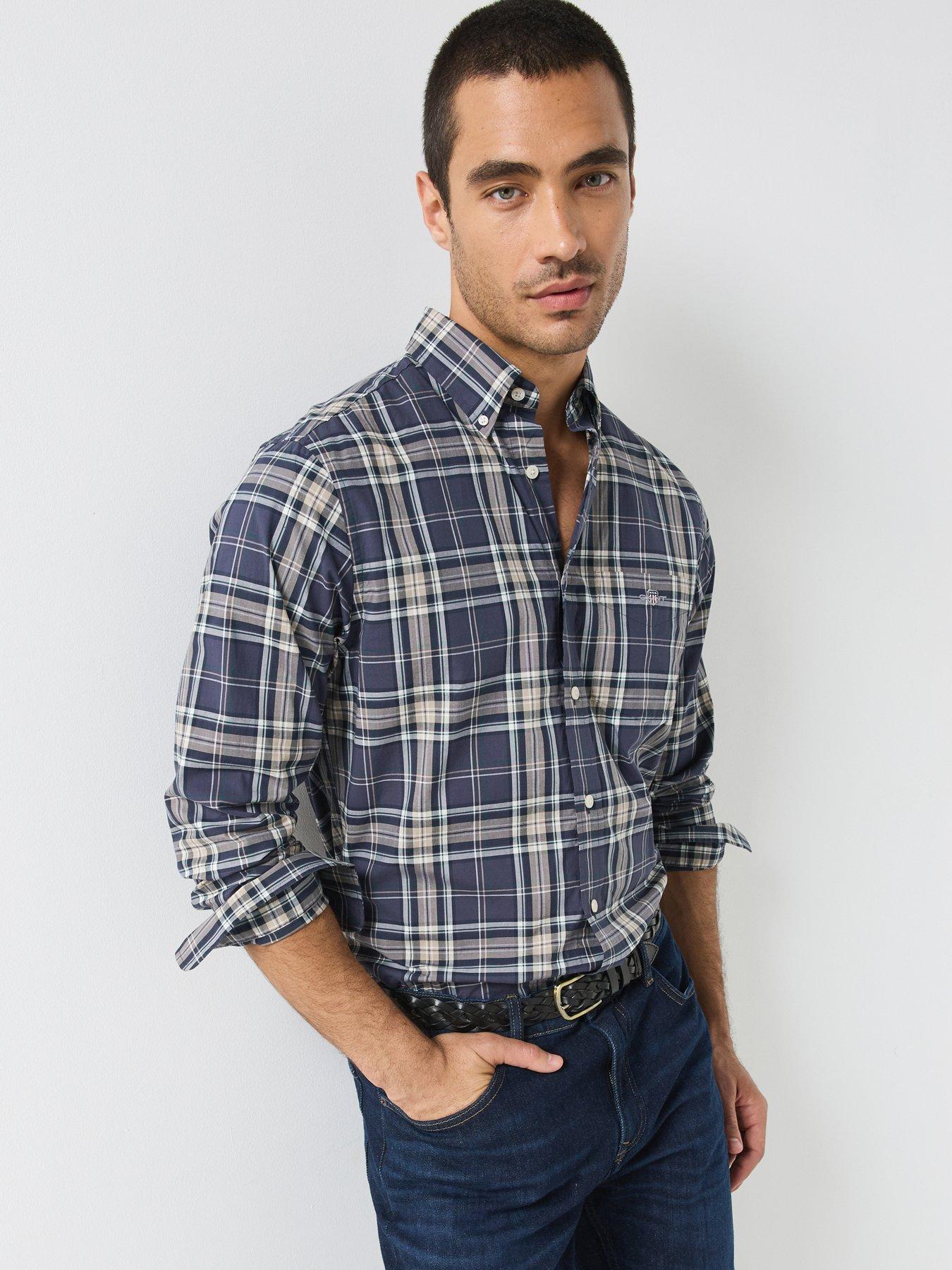 GANT Gant Regular Fit Long Sleeve Poplin Check Shirt - Navy