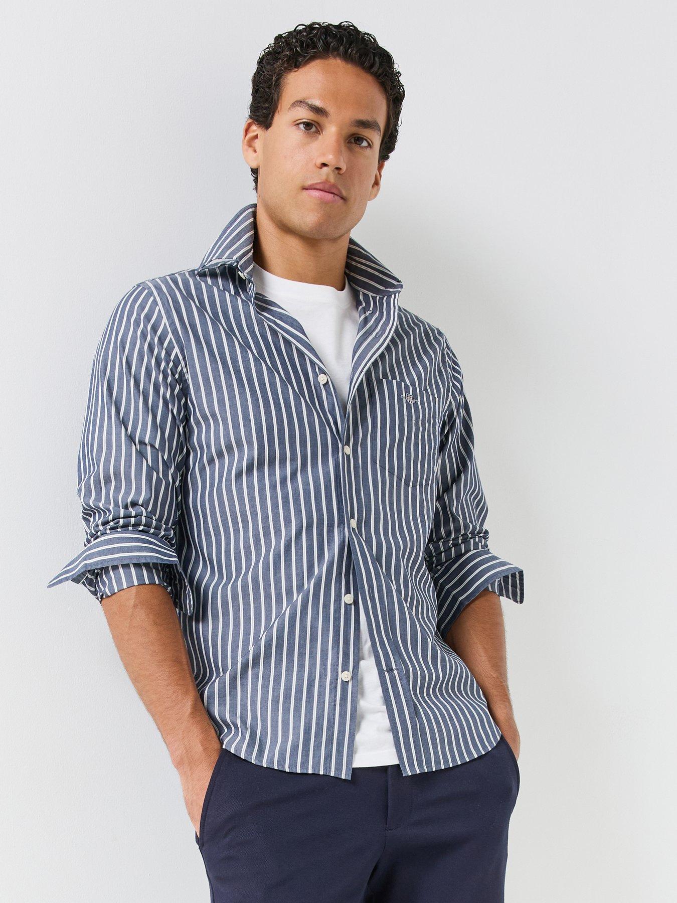 Image 1 of 6 of GANT Gant Regular Fit Long Sleeve Poplin Stripe Shirt - Blue
