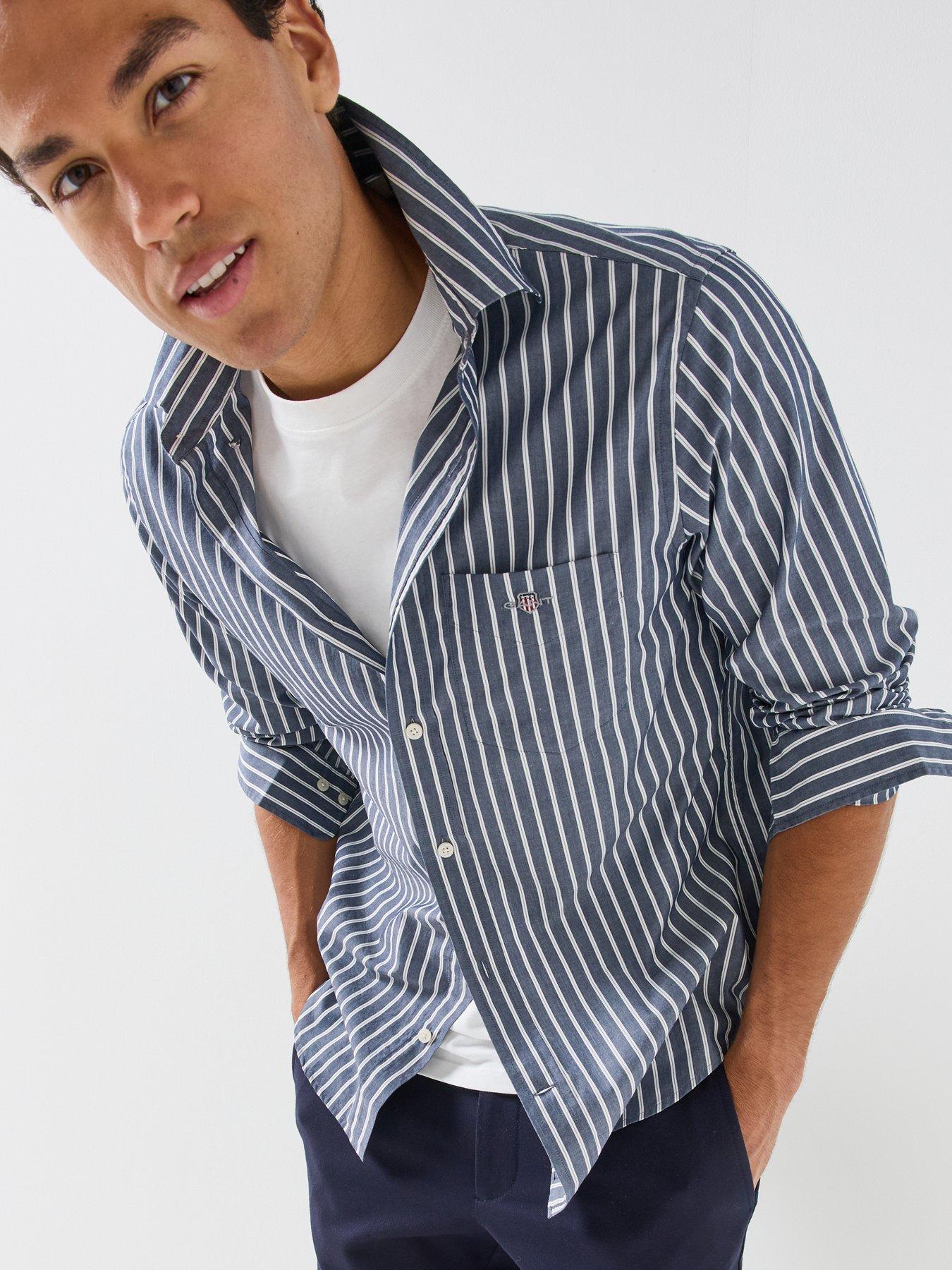 Image 4 of 6 of GANT Gant Regular Fit Long Sleeve Poplin Stripe Shirt - Blue