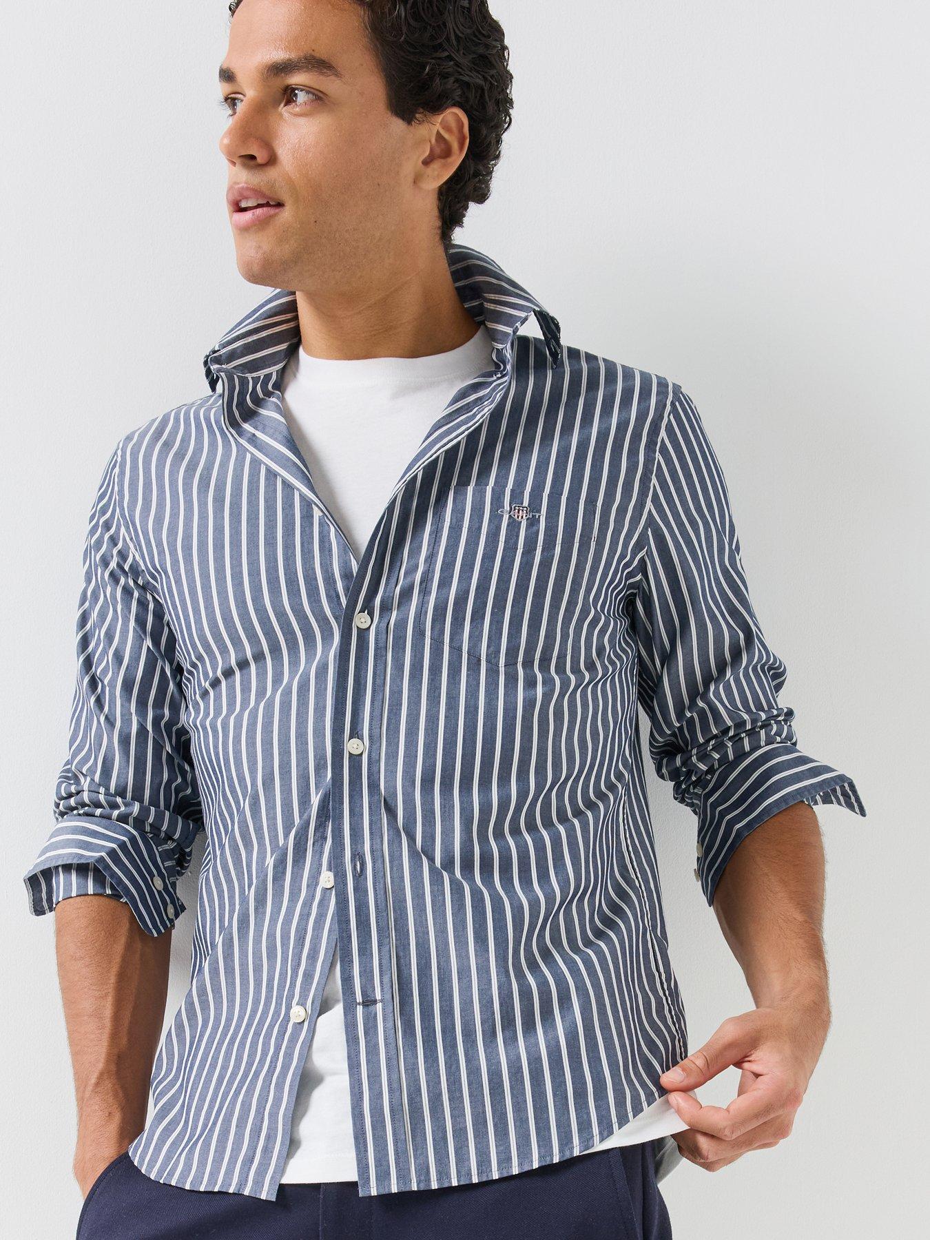 Image 5 of 6 of GANT Gant Regular Fit Long Sleeve Poplin Stripe Shirt - Blue