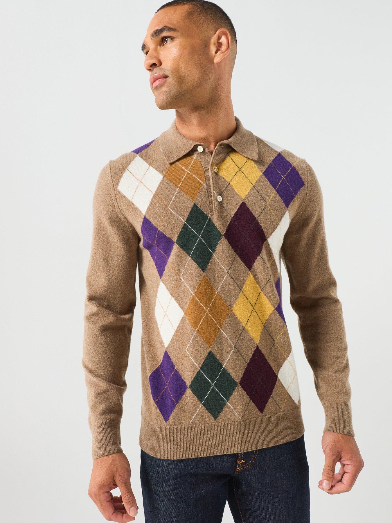 Image 1 of 6 of GANT Mens Superfine Lambswool Argyle Polo Sweater - Brown