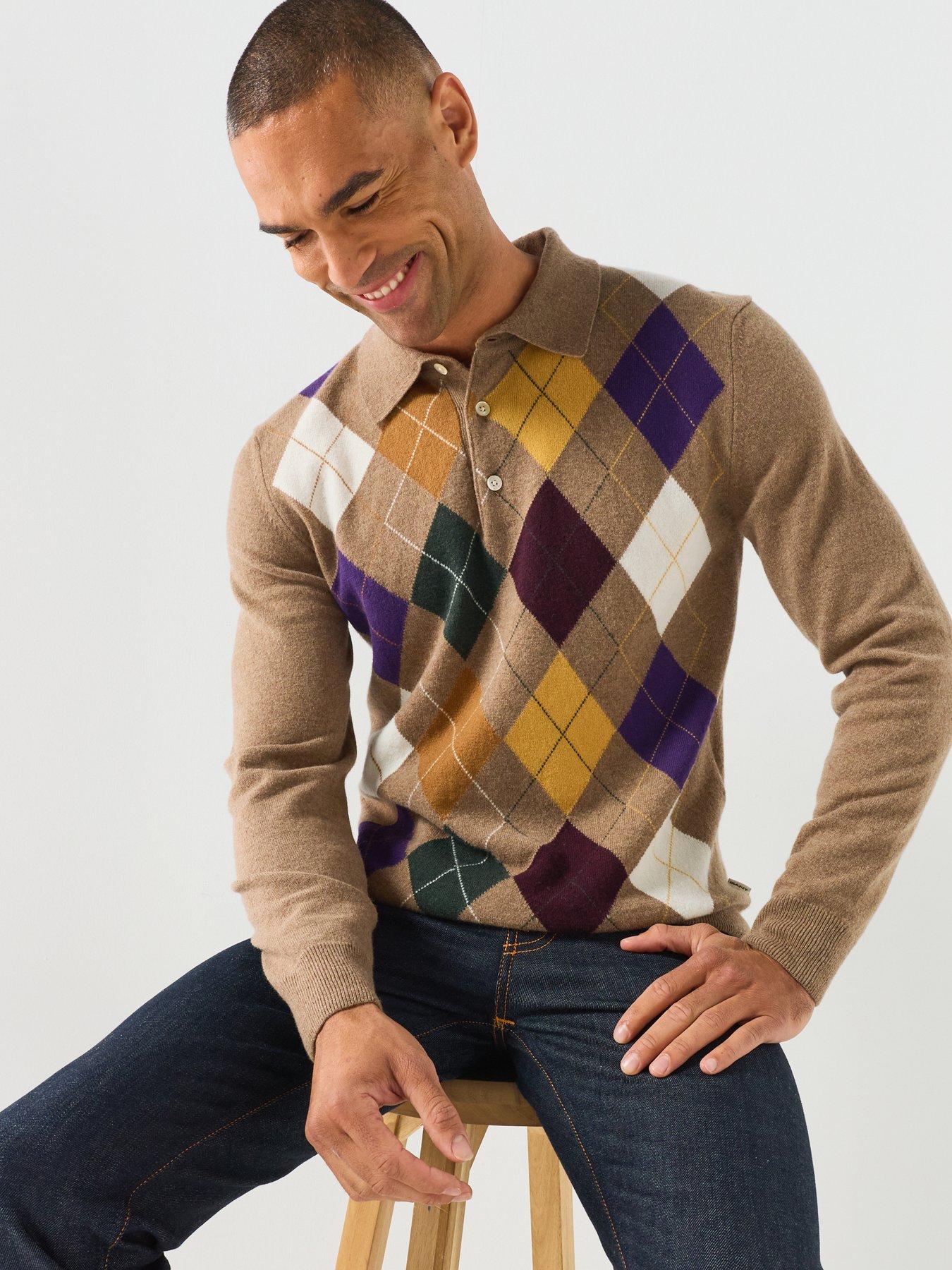 Image 5 of 6 of GANT Mens Superfine Lambswool Argyle Polo Sweater - Brown
