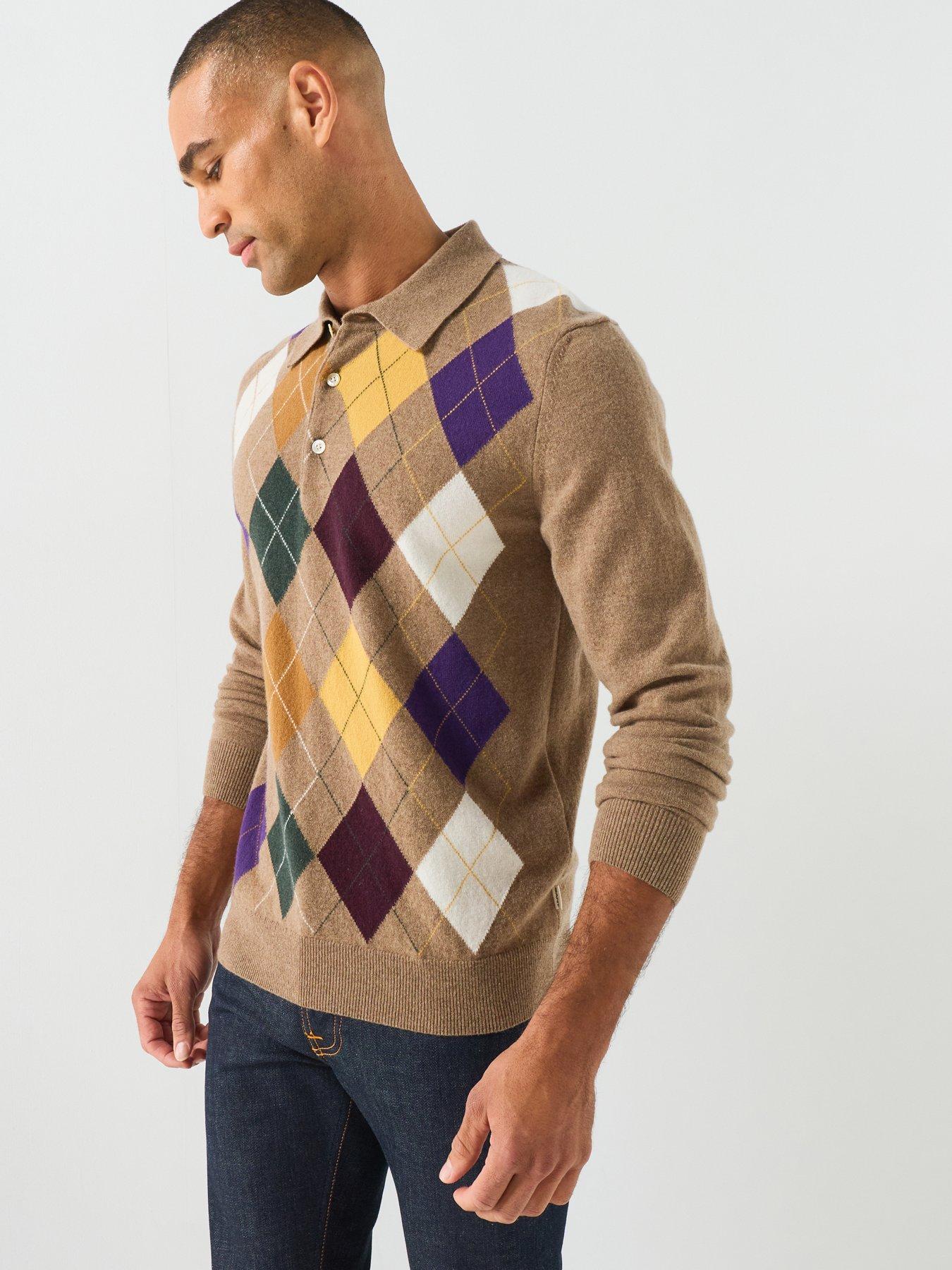 Image 6 of 6 of GANT Mens Superfine Lambswool Argyle Polo Sweater - Brown