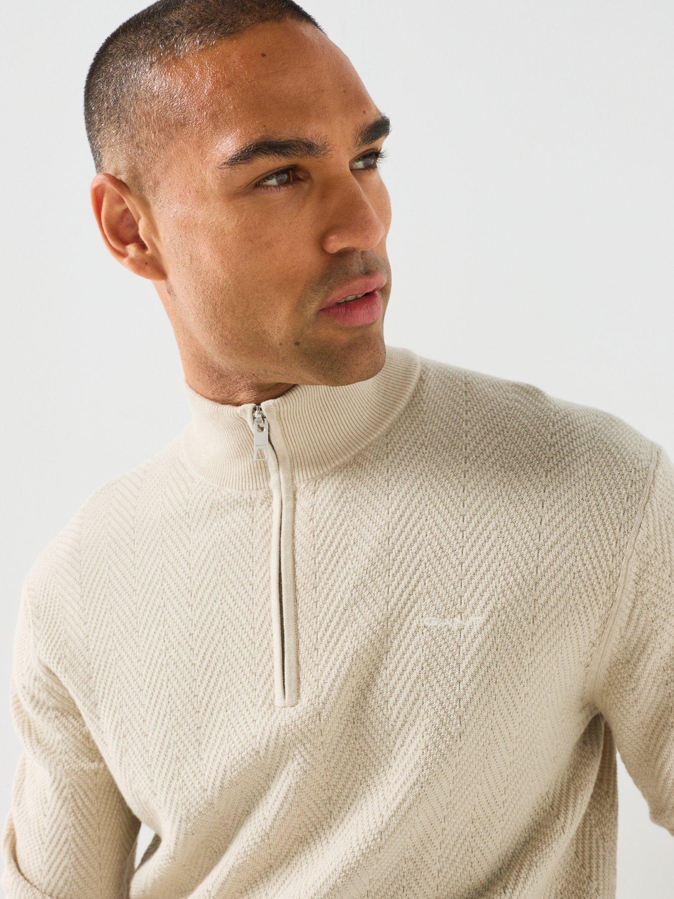 Image 4 of 5 of GANT Mens Herringbone Half Zip Knitted Jumper - Beige
