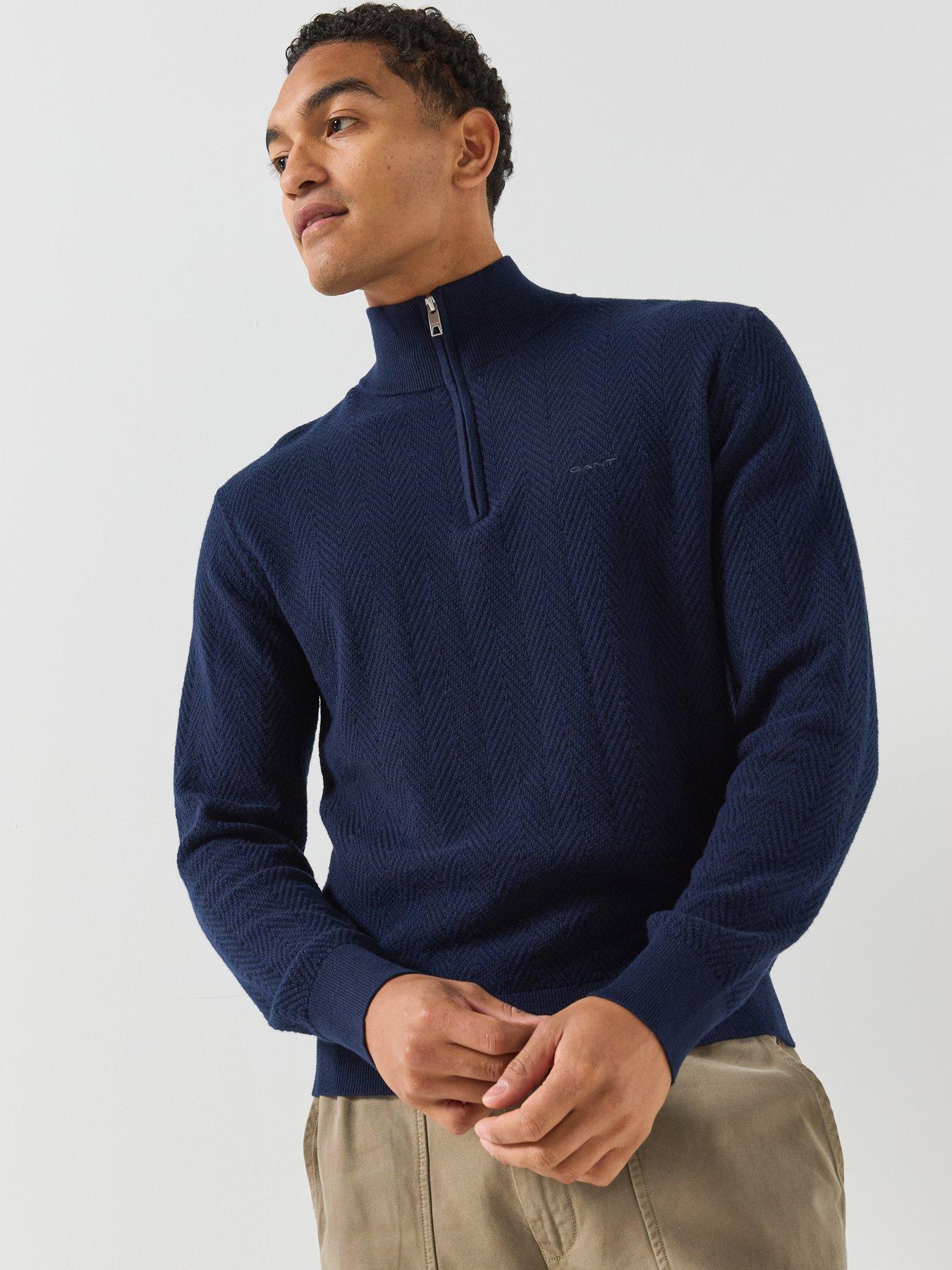 Image 1 of 6 of GANT Mens Herringbone Textured Half Zip Jumper - Navy