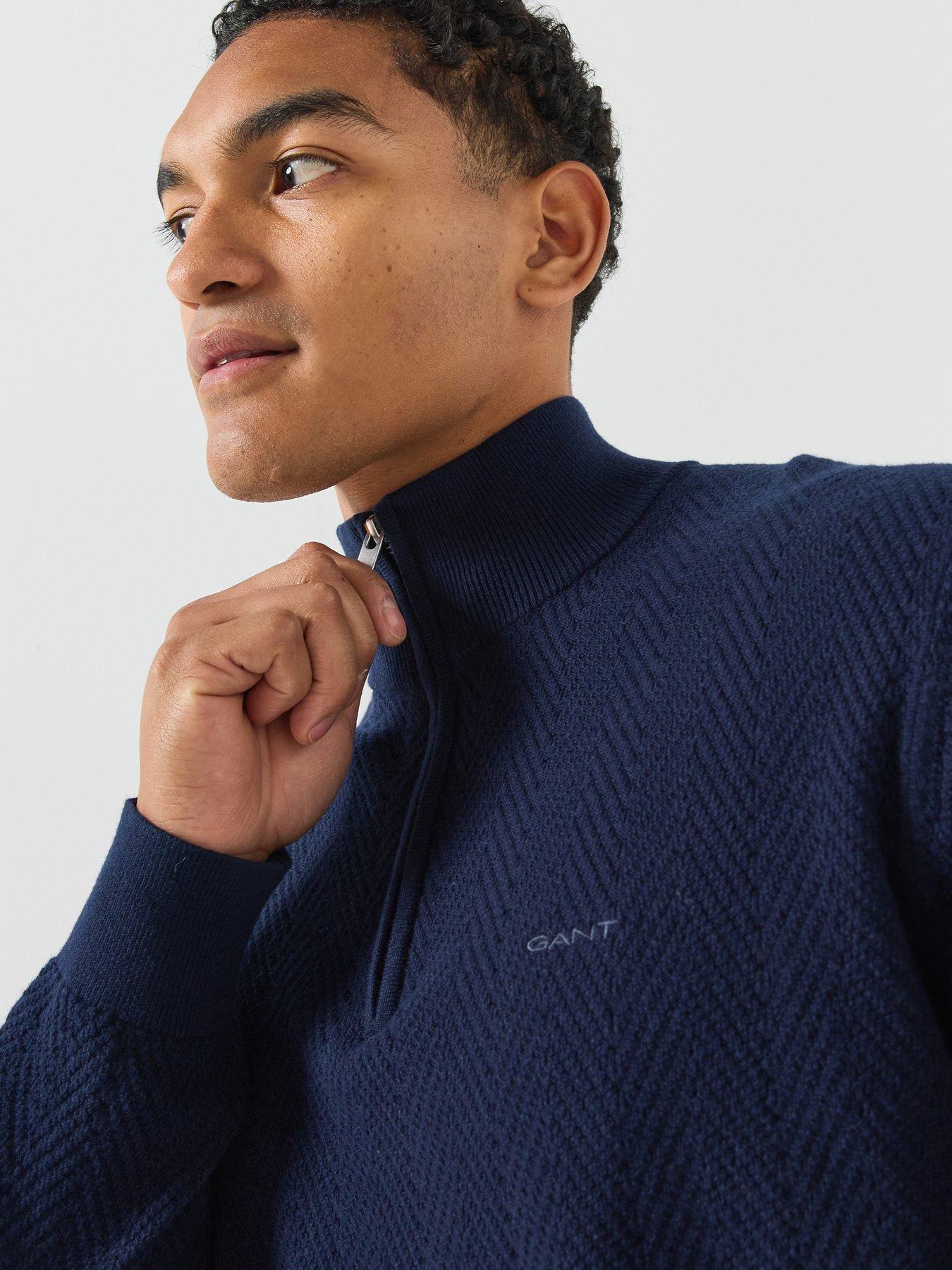 Image 4 of 6 of GANT Mens Herringbone Textured Half Zip Jumper - Navy