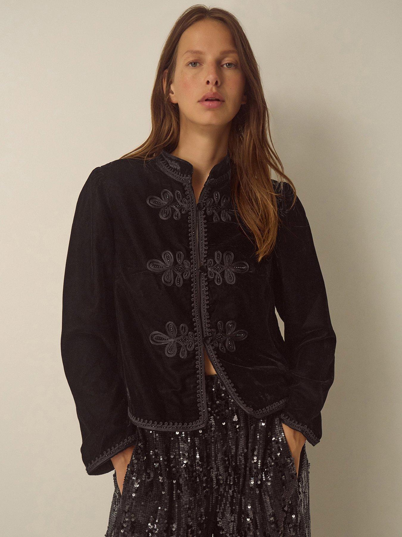 Image 1 of 4 of Monsoon Womens Embroidered Frog Fastening Velvet Jacket - Black