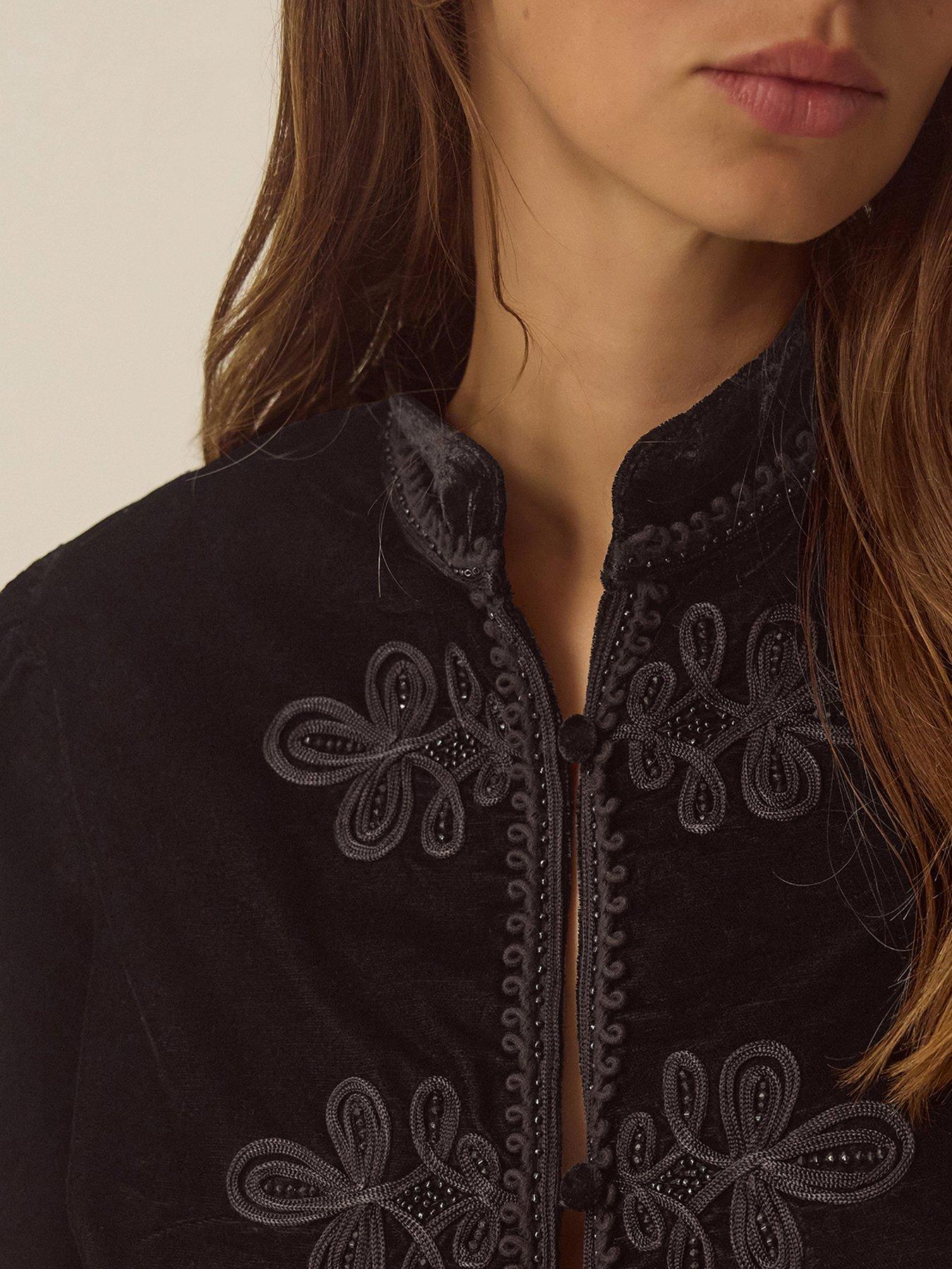 Image 2 of 4 of Monsoon Womens Embroidered Frog Fastening Velvet Jacket - Black