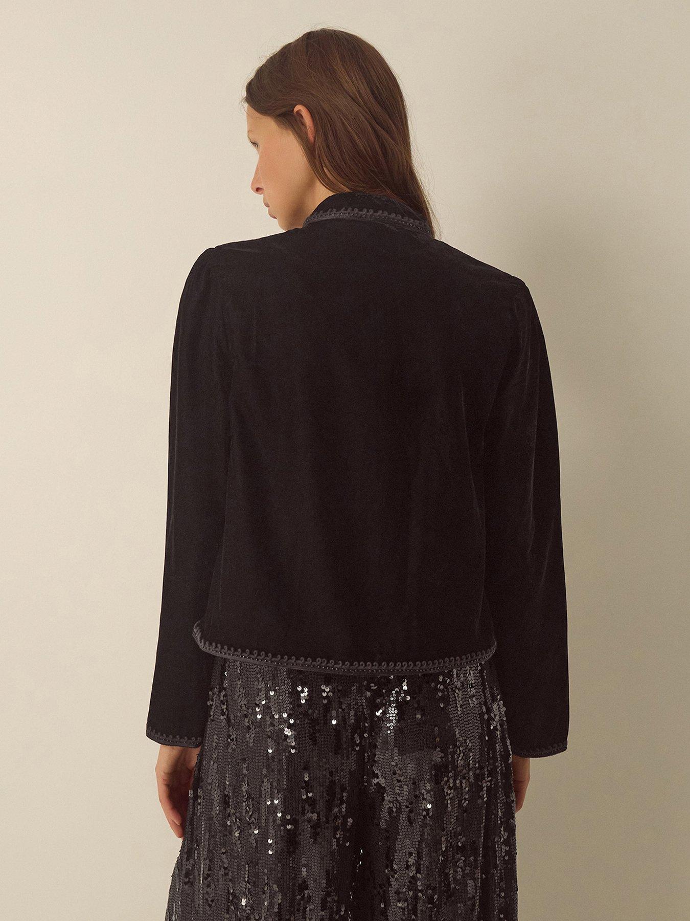 Image 3 of 4 of Monsoon Womens Embroidered Frog Fastening Velvet Jacket - Black