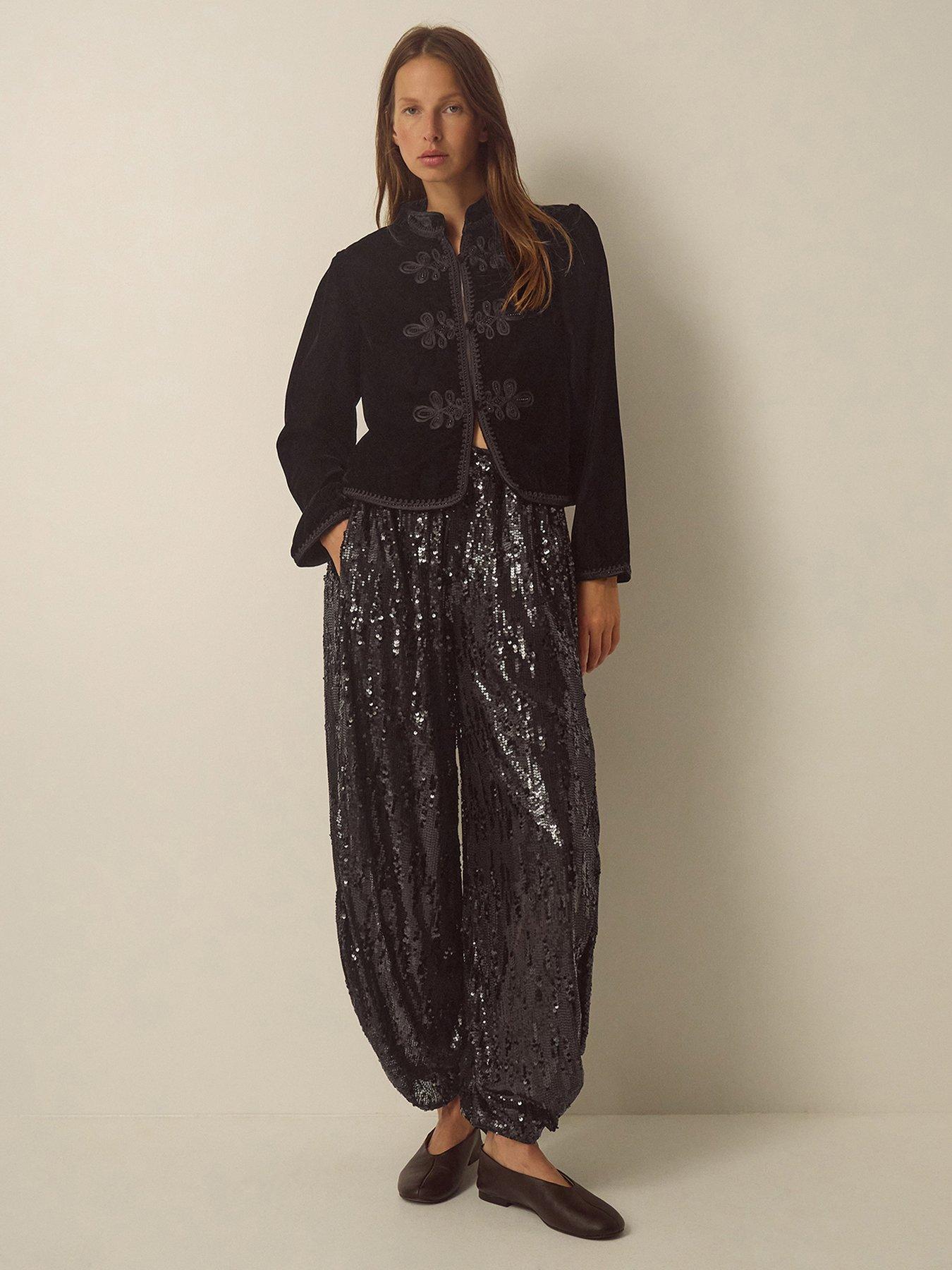 Image 4 of 4 of Monsoon Womens Embroidered Frog Fastening Velvet Jacket - Black