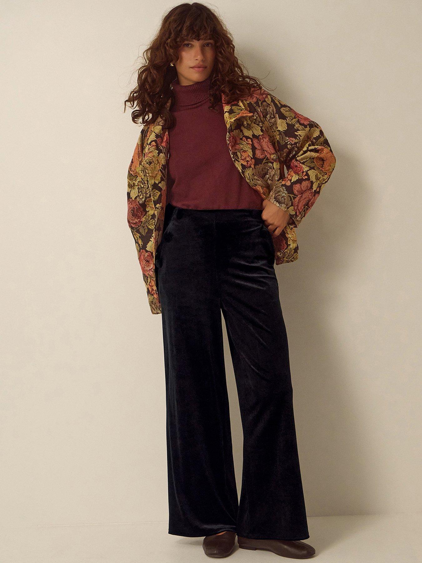 Image 1 of 6 of Monsoon Womens Verna Velvet Wide Leg Trousers - Black