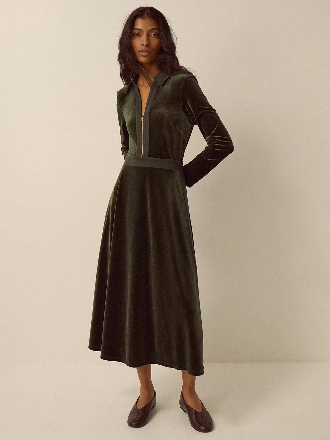 Image 1 of 5 of Monsoon Womens Zeyna Zip Front Collared Velvet Dress - Green