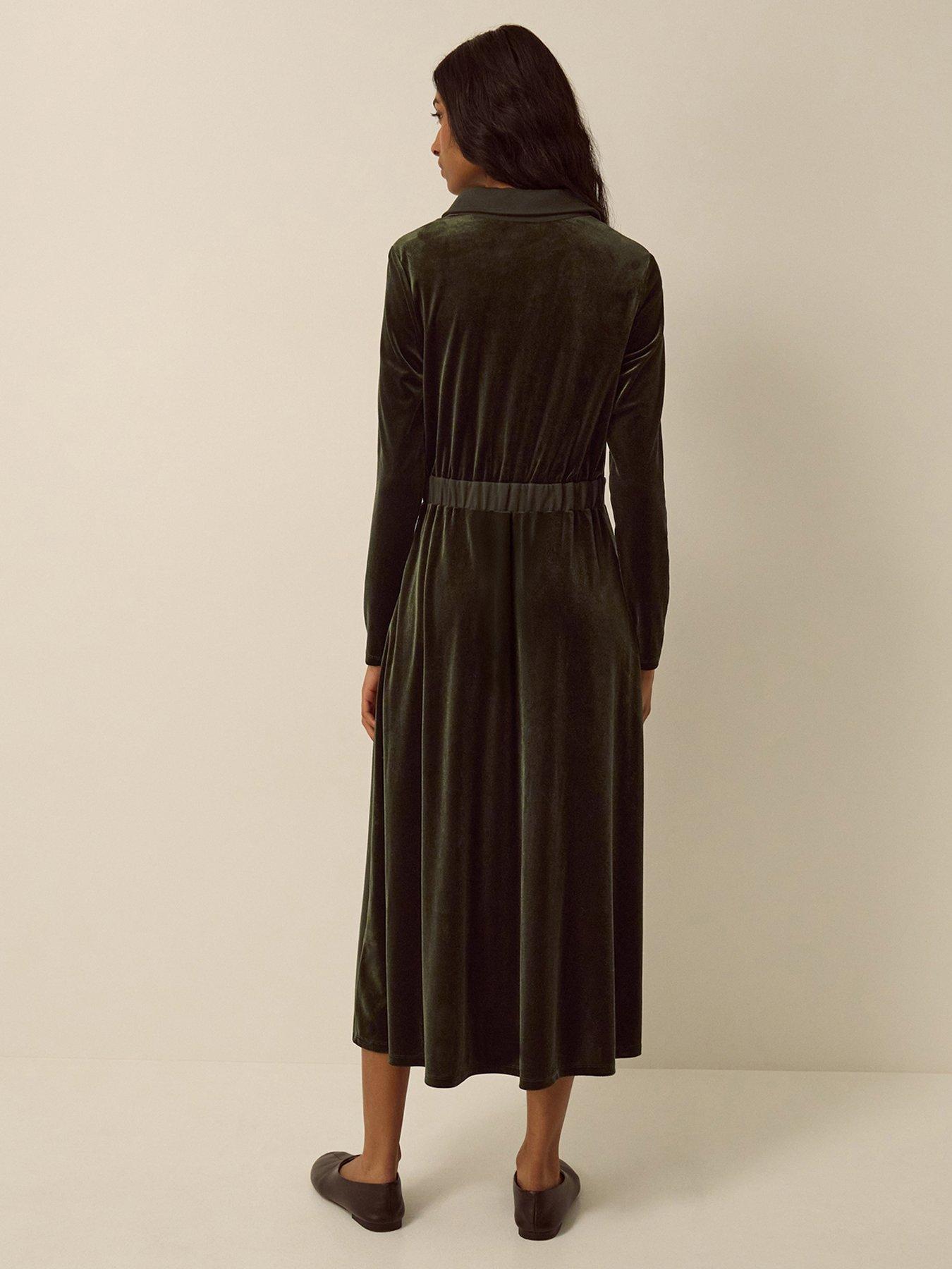 Image 2 of 5 of Monsoon Womens Zeyna Zip Front Collared Velvet Dress - Green