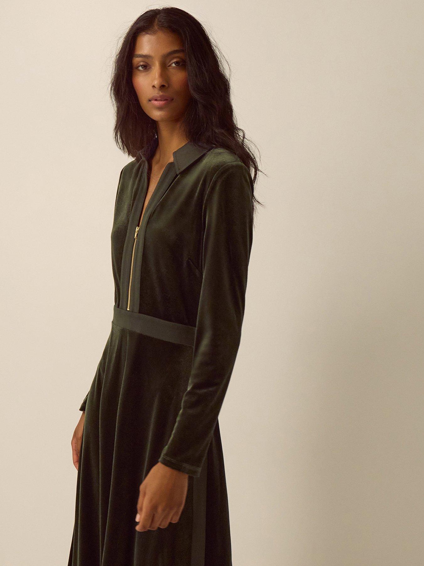 Image 3 of 5 of Monsoon Womens Zeyna Zip Front Collared Velvet Dress - Green
