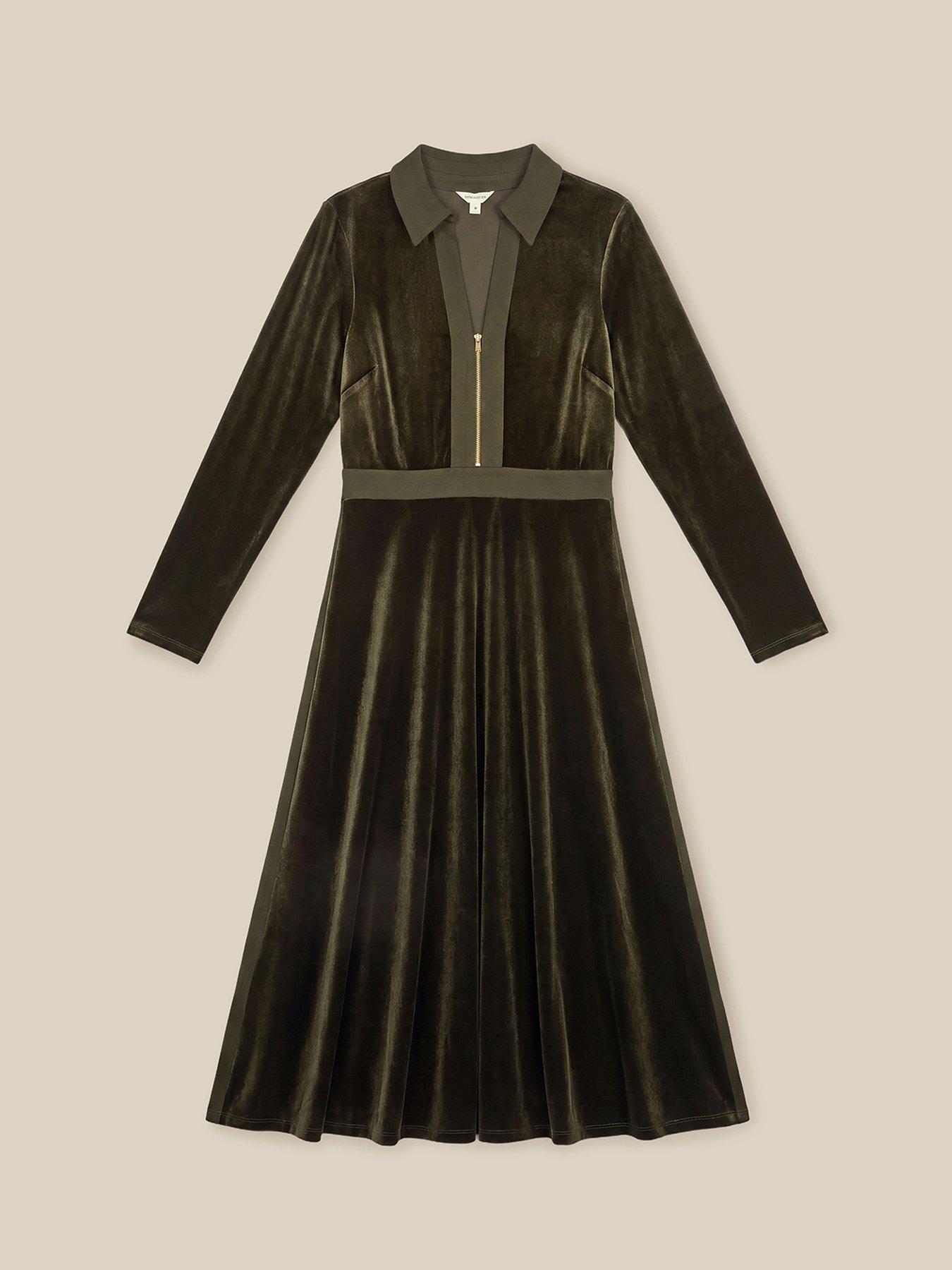 Image 5 of 5 of Monsoon Womens Zeyna Zip Front Collared Velvet Dress - Green