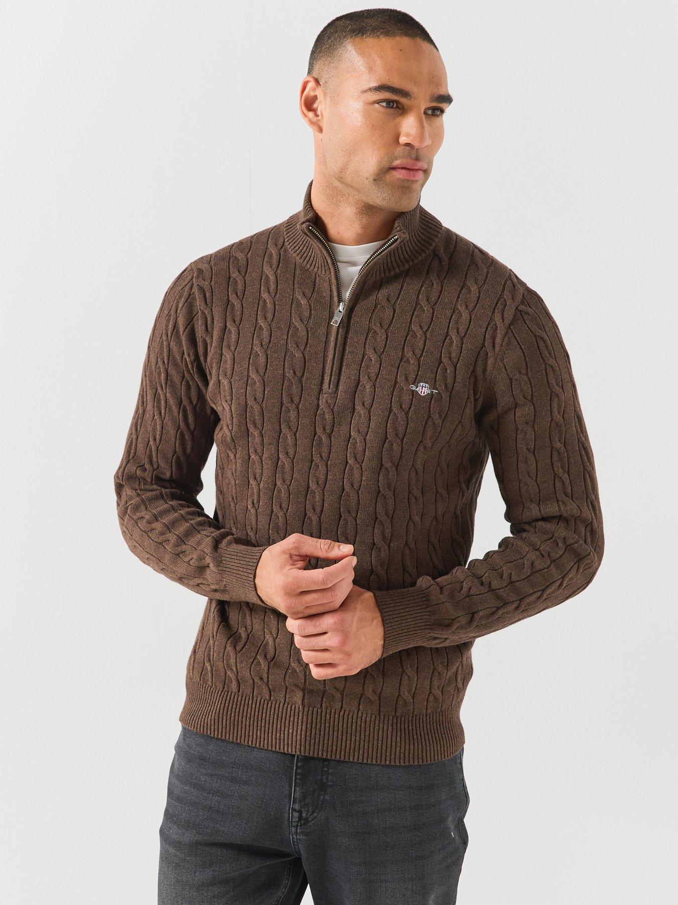 Image 1 of 6 of GANT Mens Cable Knit Half Zip Jumper - Dark Brown