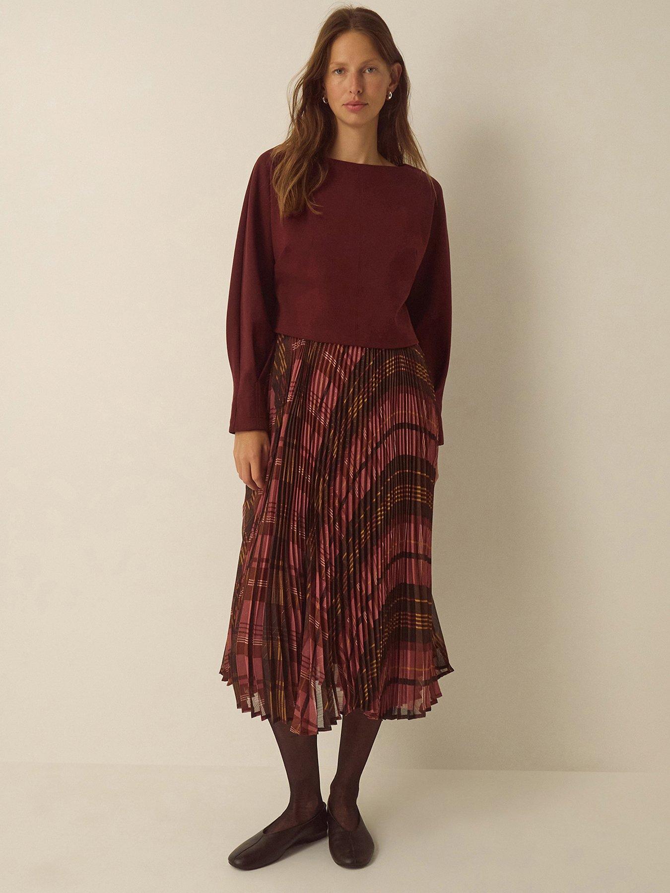 Image 1 of 5 of Monsoon Womens Melinda Check Pleated Midi Dress - Red