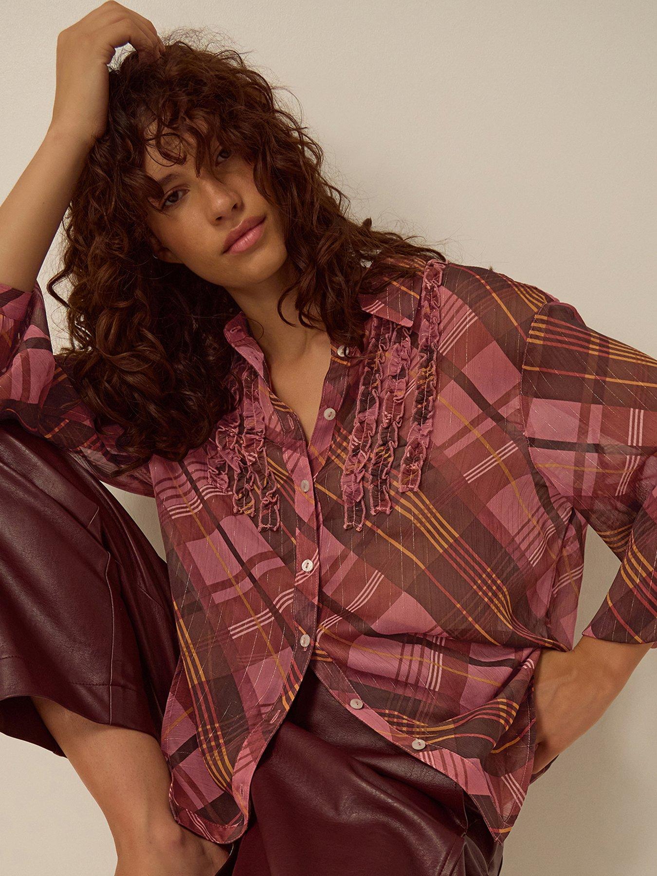 Image 1 of 5 of Monsoon Womens Check Ruffle Button-Through Melinda Shirt - Pink