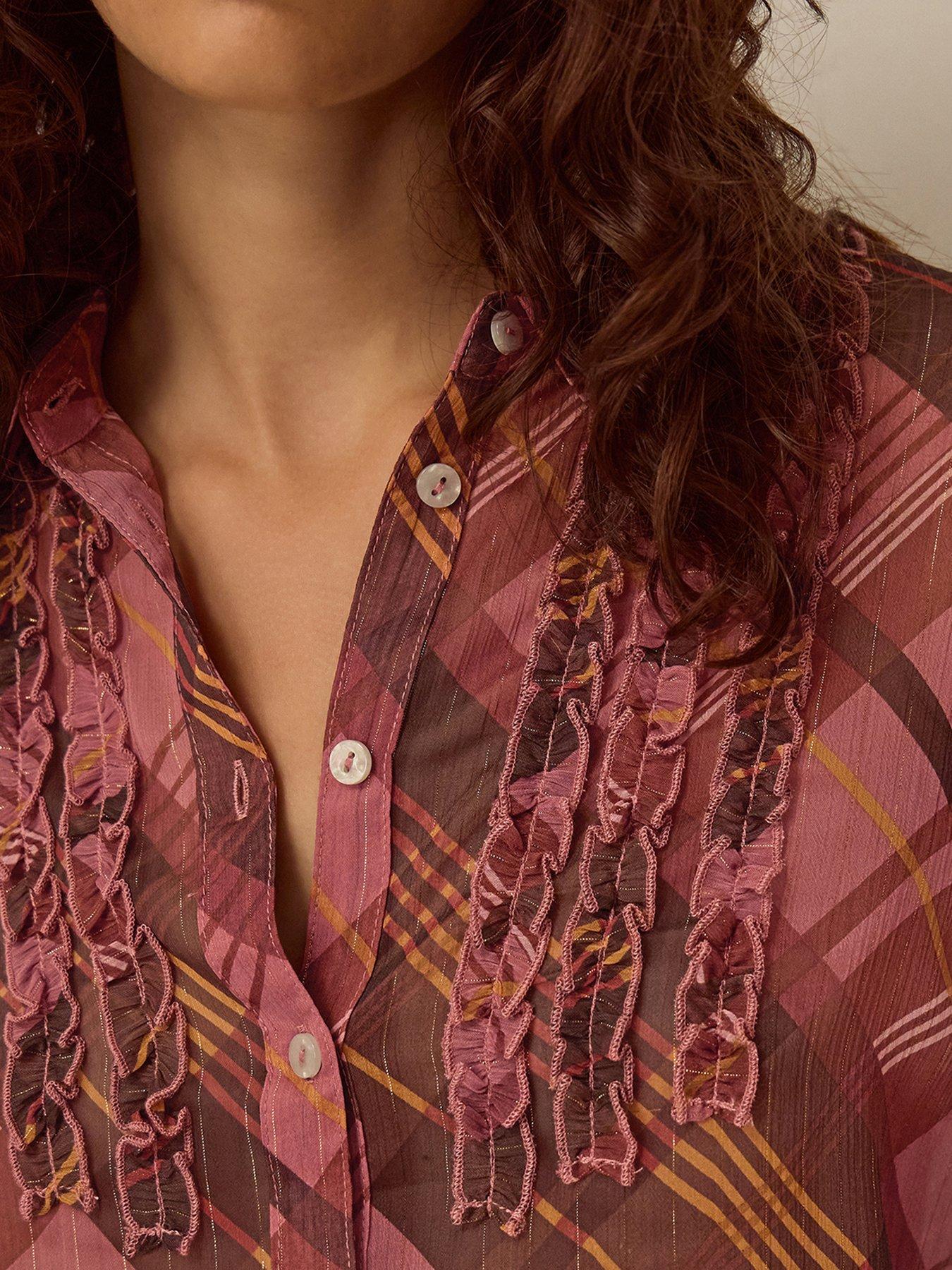 Image 4 of 5 of Monsoon Womens Check Ruffle Button-Through Melinda Shirt - Pink