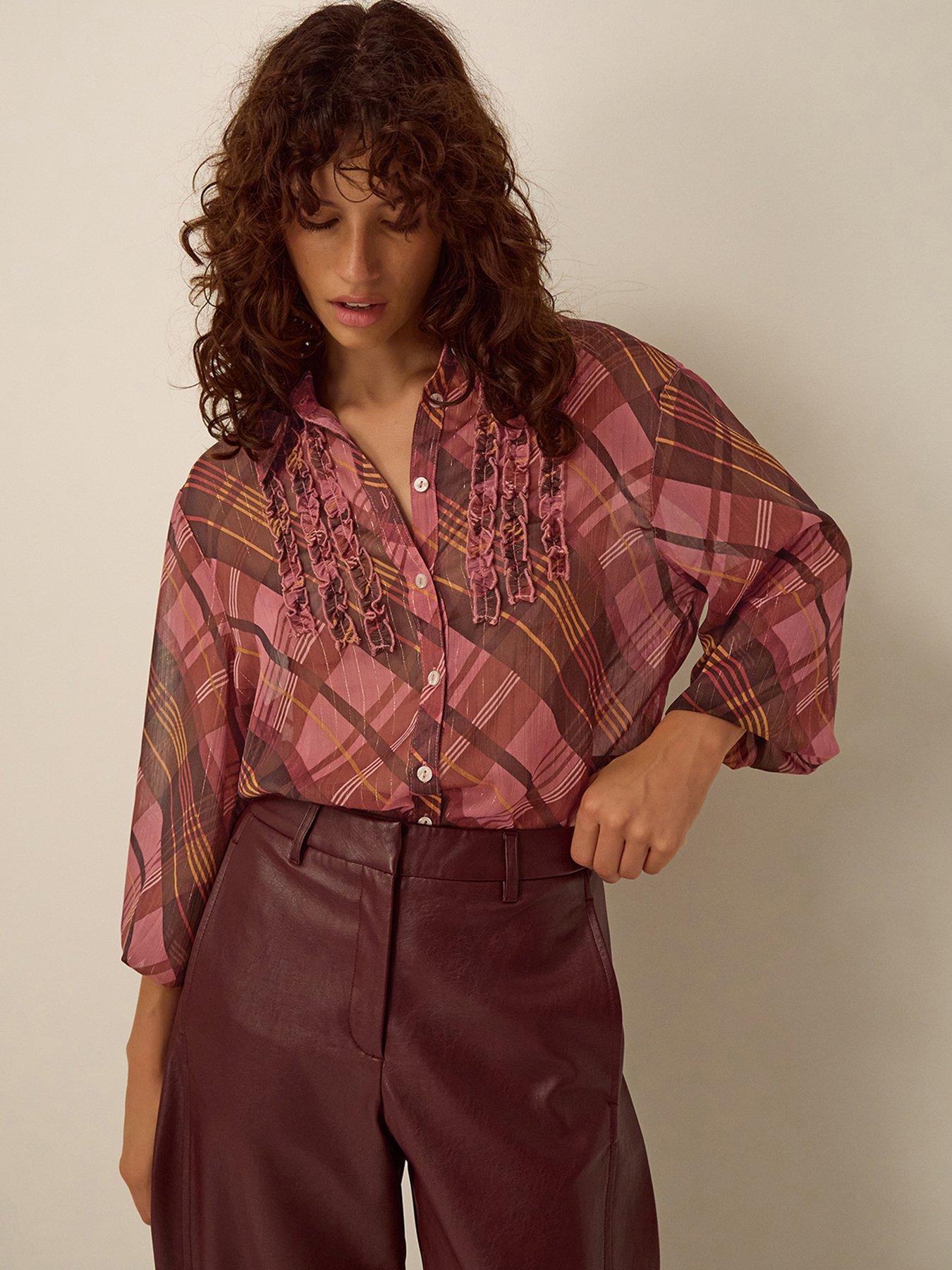 Image 5 of 5 of Monsoon Womens Check Ruffle Button-Through Melinda Shirt - Pink
