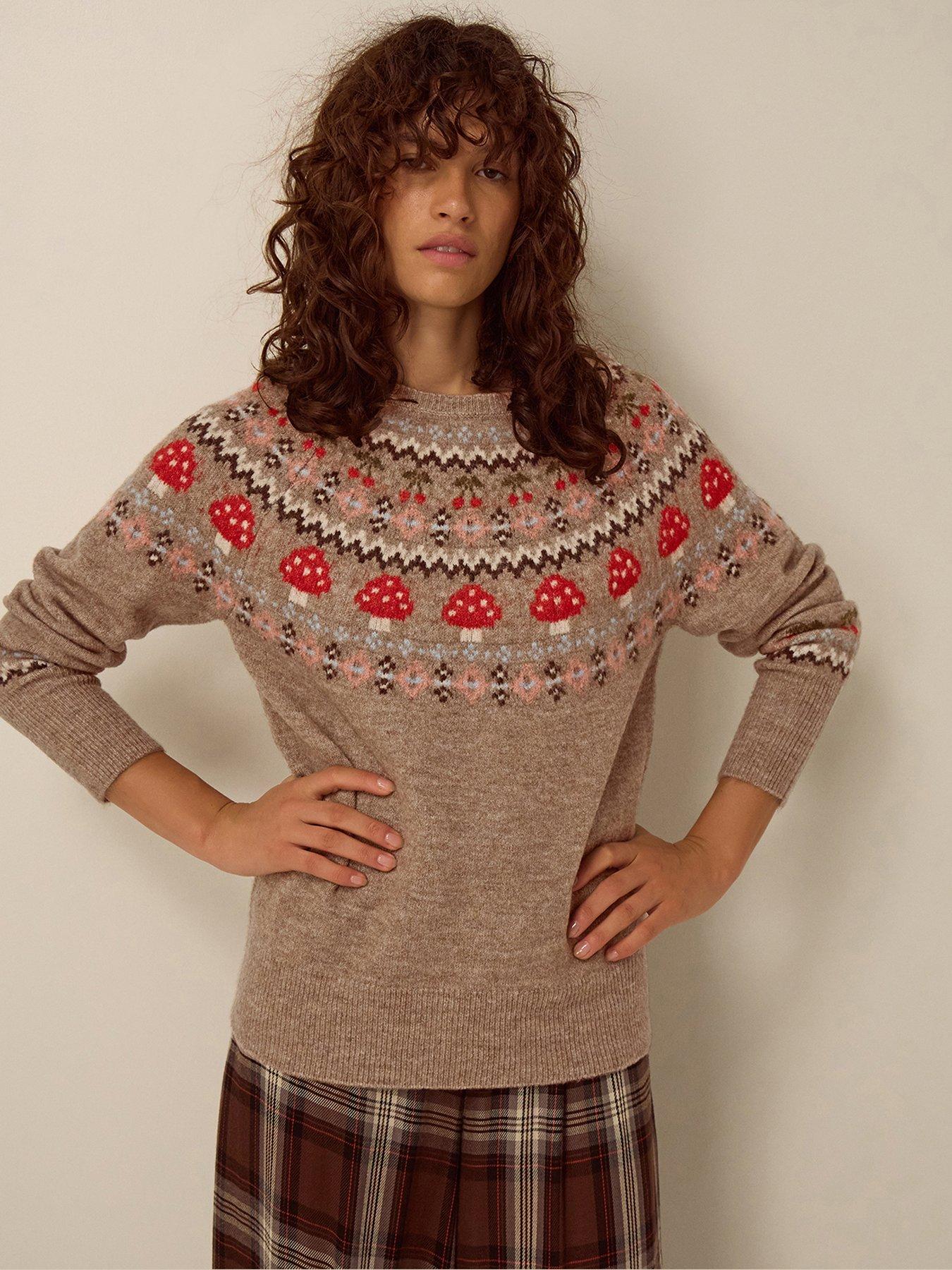 Image 1 of 4 of Monsoon Womens Mushroom Fairisle Yoke Crew Neck Long Sleeve Jumper - Brown
