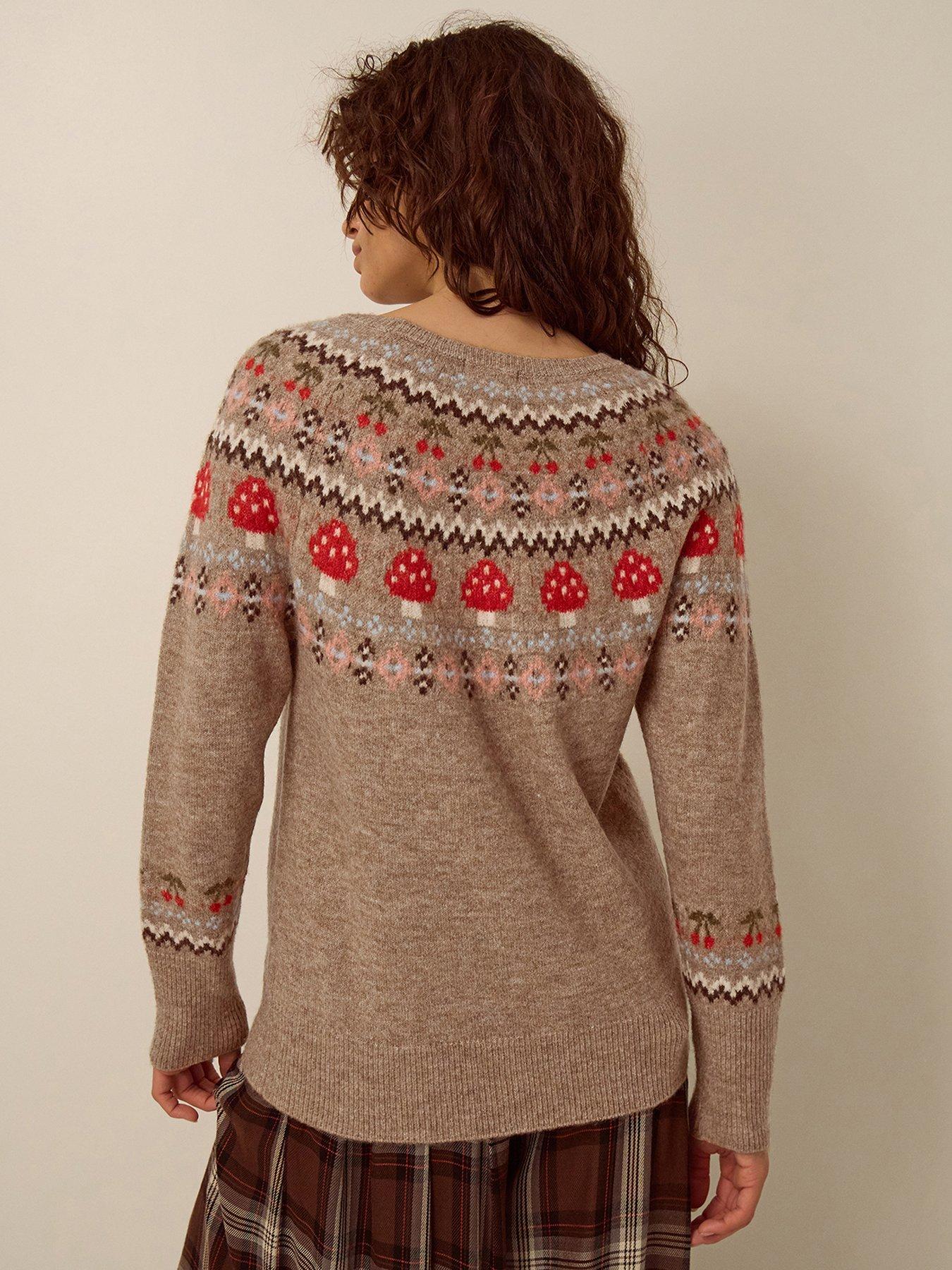 Image 2 of 4 of Monsoon Womens Mushroom Fairisle Yoke Crew Neck Long Sleeve Jumper - Brown