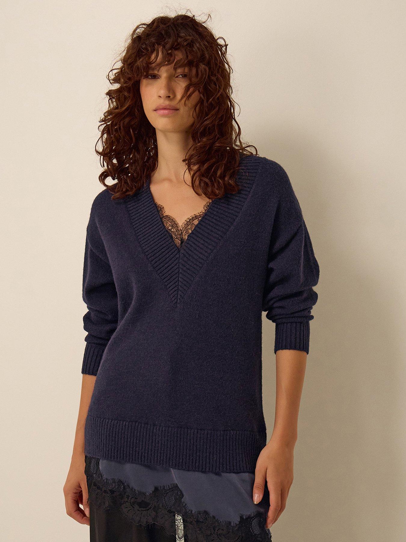 Image 1 of 4 of Monsoon Womens Lilah Lace Trim V-Neck Relaxed Jumper - Blue