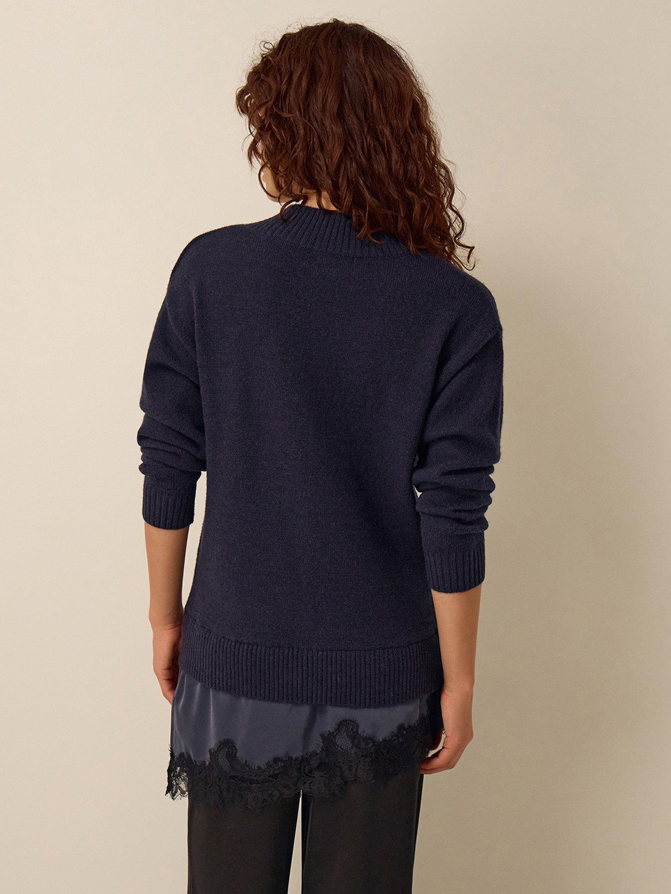 Image 2 of 4 of Monsoon Womens Lilah Lace Trim V-Neck Relaxed Jumper - Blue