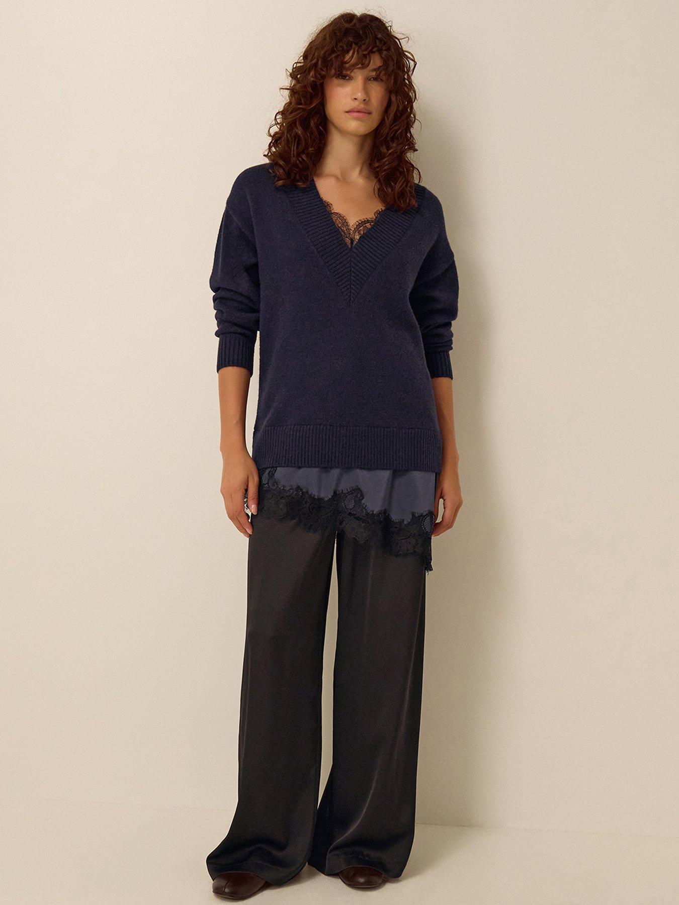 Image 3 of 4 of Monsoon Womens Lilah Lace Trim V-Neck Relaxed Jumper - Blue