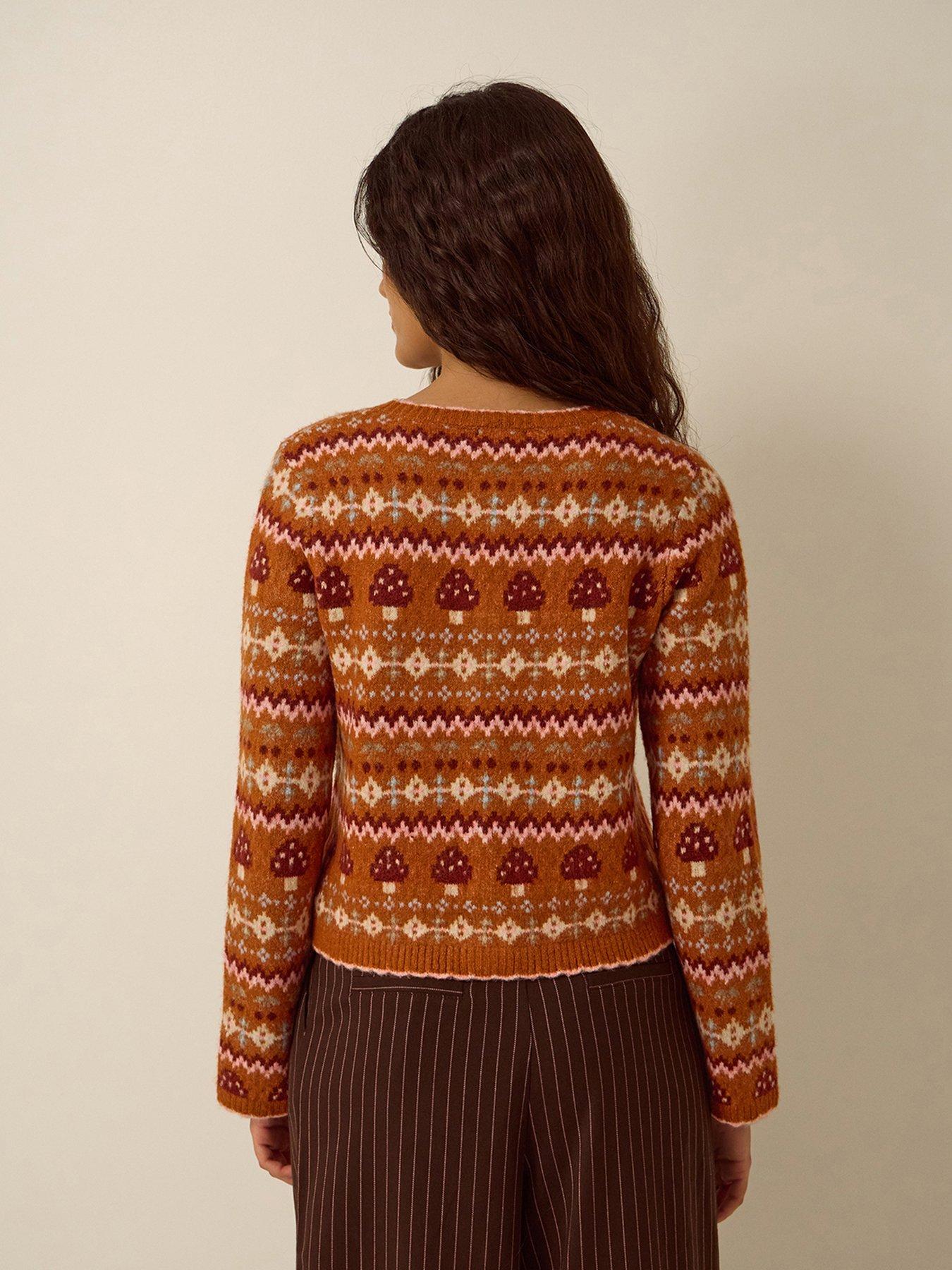 Image 2 of 4 of Monsoon Womens Fair Isle Crew Neck Button-Through Cardigan - Orange