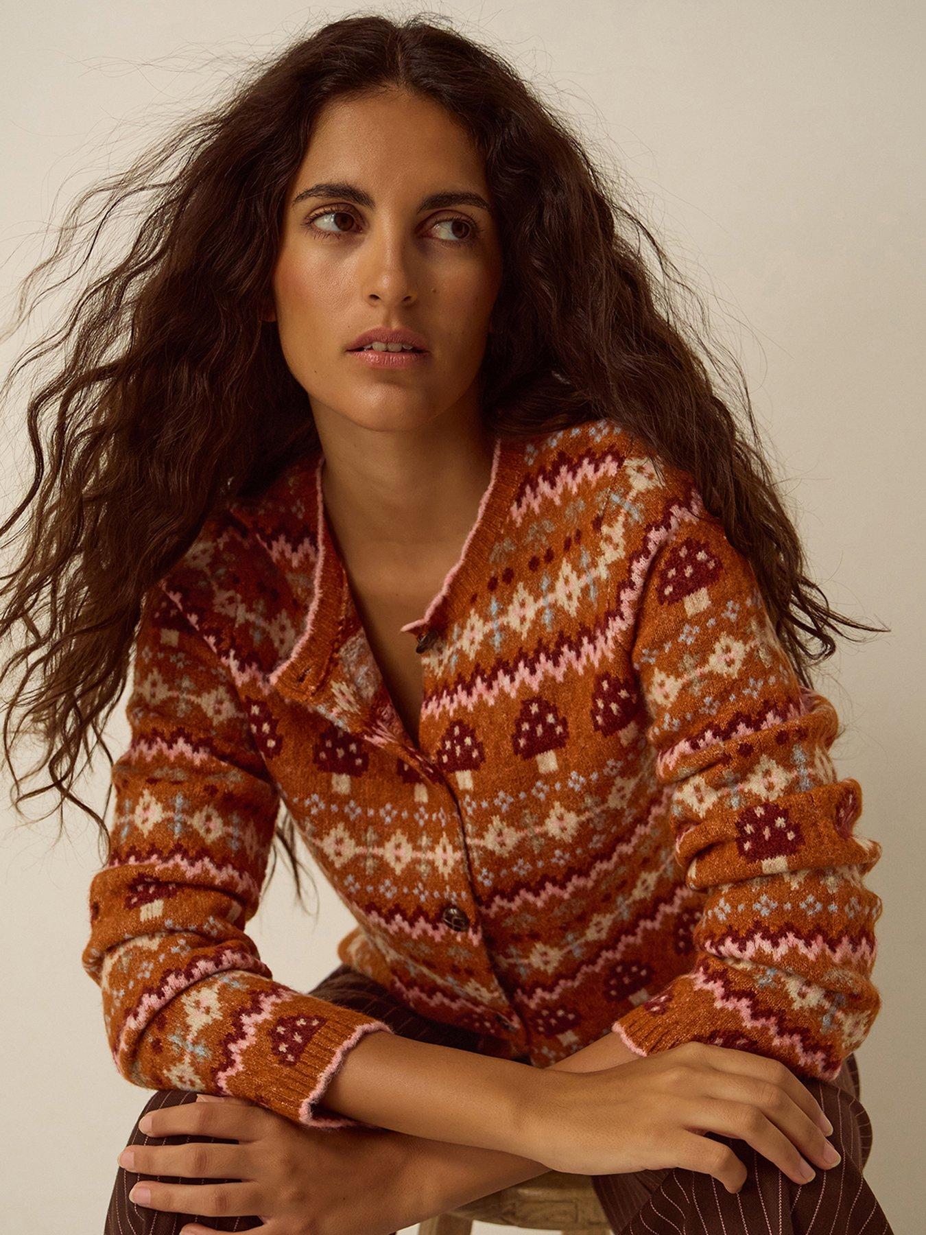 Image 4 of 4 of Monsoon Womens Fair Isle Crew Neck Button-Through Cardigan - Orange