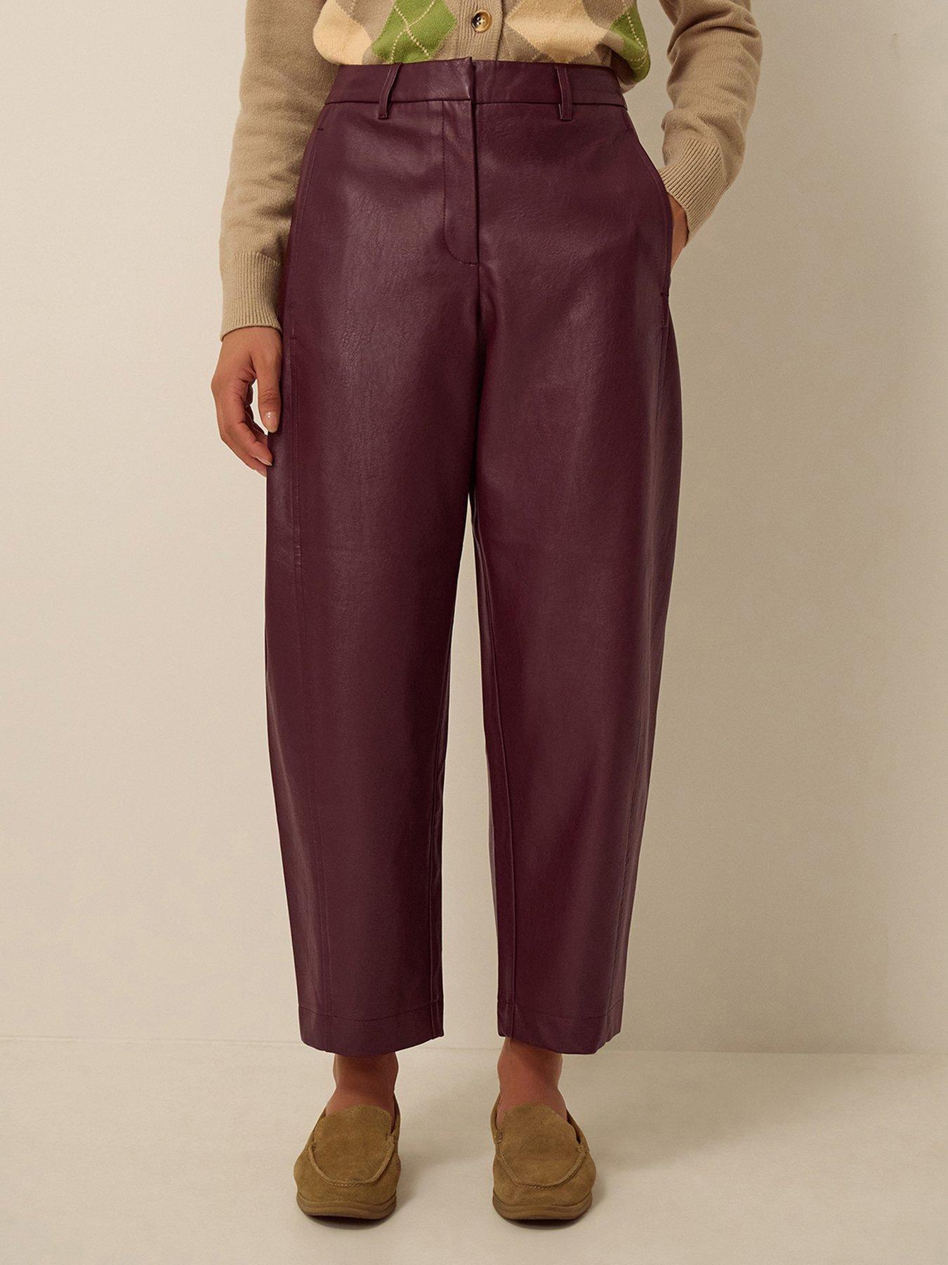 Image 1 of 4 of Monsoon Womens Faux Leather Barrel Leg Cropped Trousers - Red