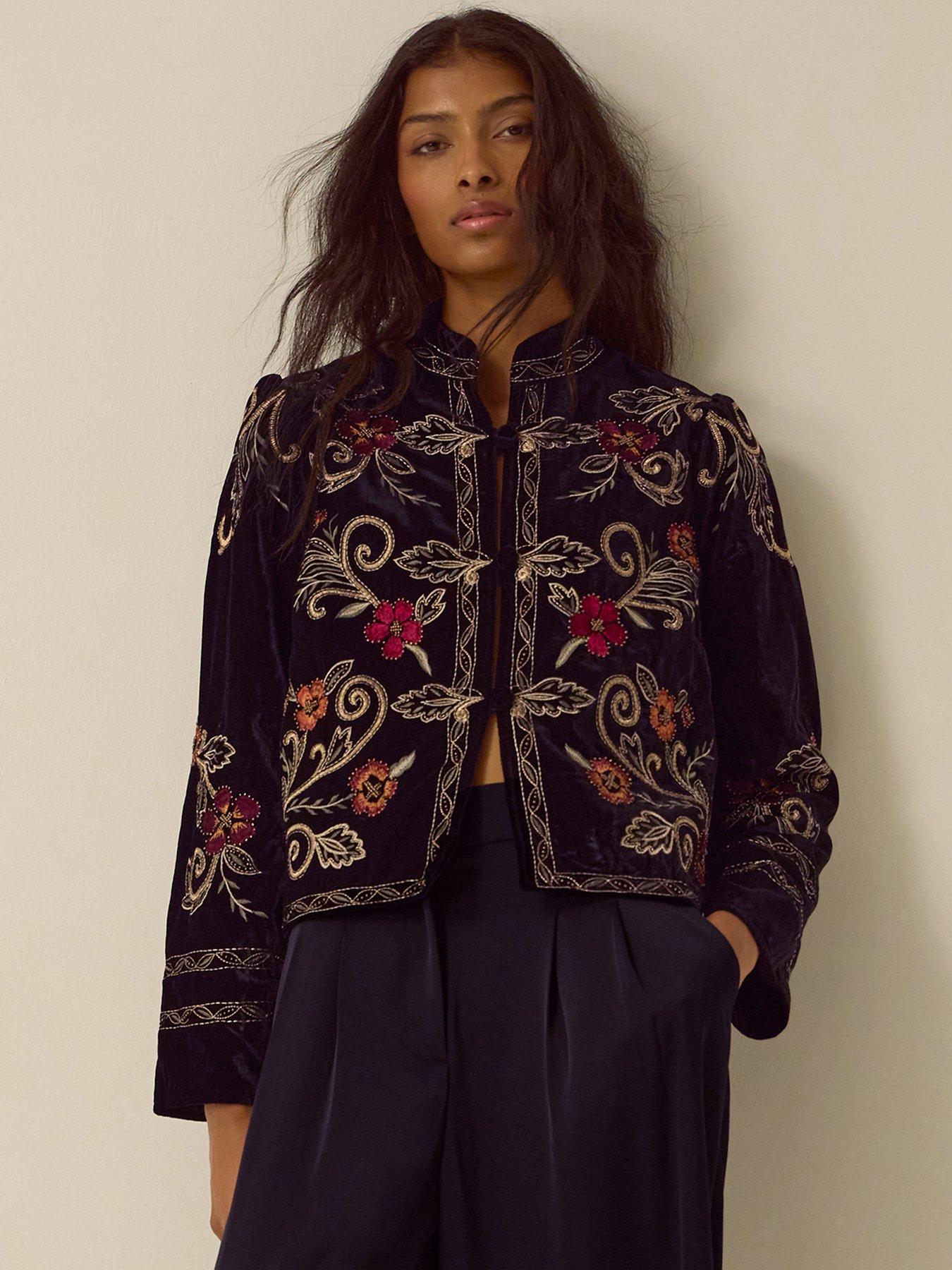 Image 1 of 4 of Monsoon Womens Frankie Embroidered Cropped Velvet Jacket - Black