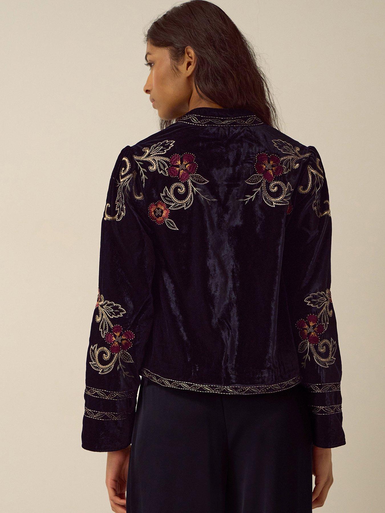 Image 2 of 4 of Monsoon Womens Frankie Embroidered Cropped Velvet Jacket - Black