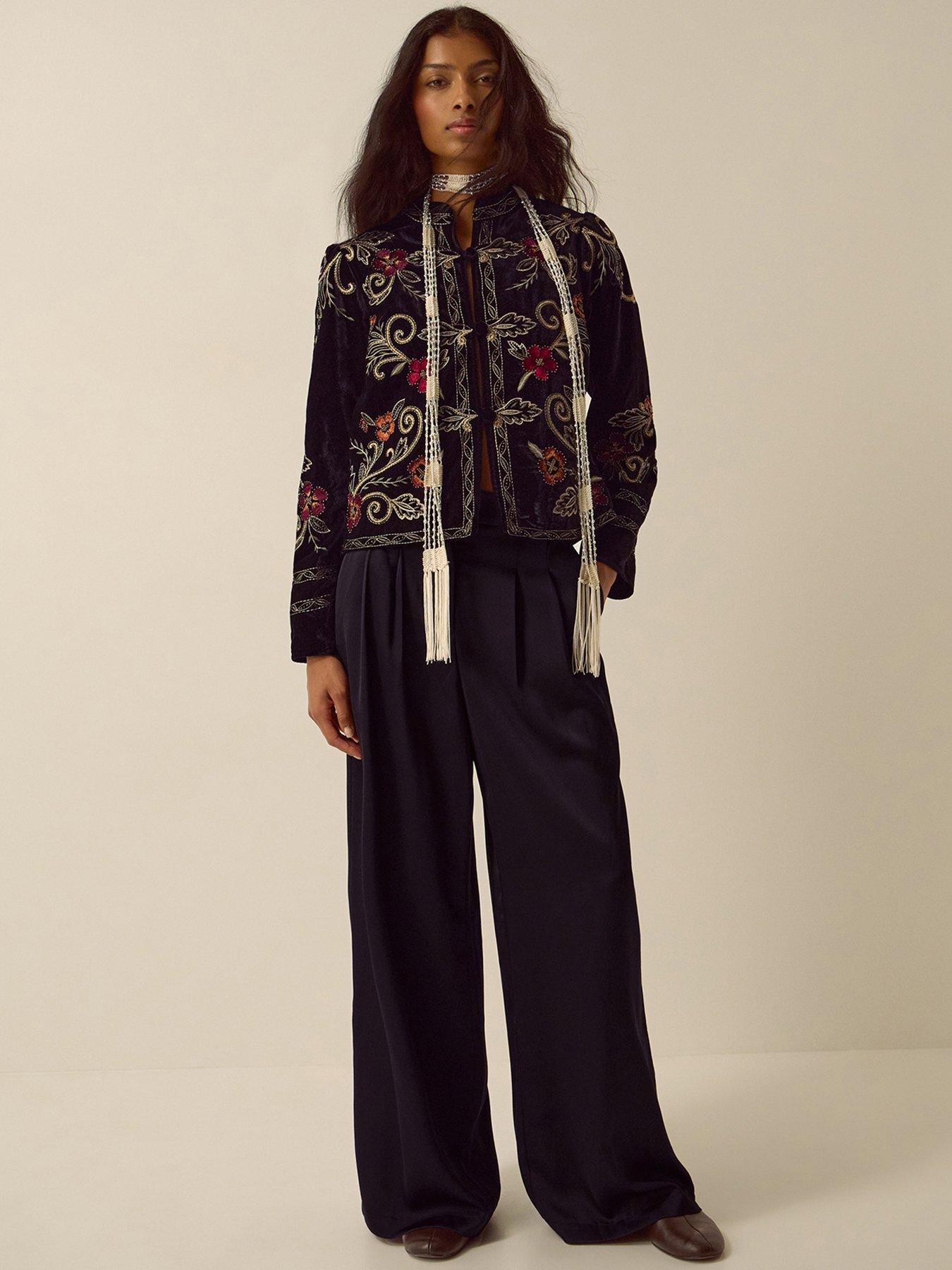 Image 3 of 4 of Monsoon Womens Frankie Embroidered Cropped Velvet Jacket - Black