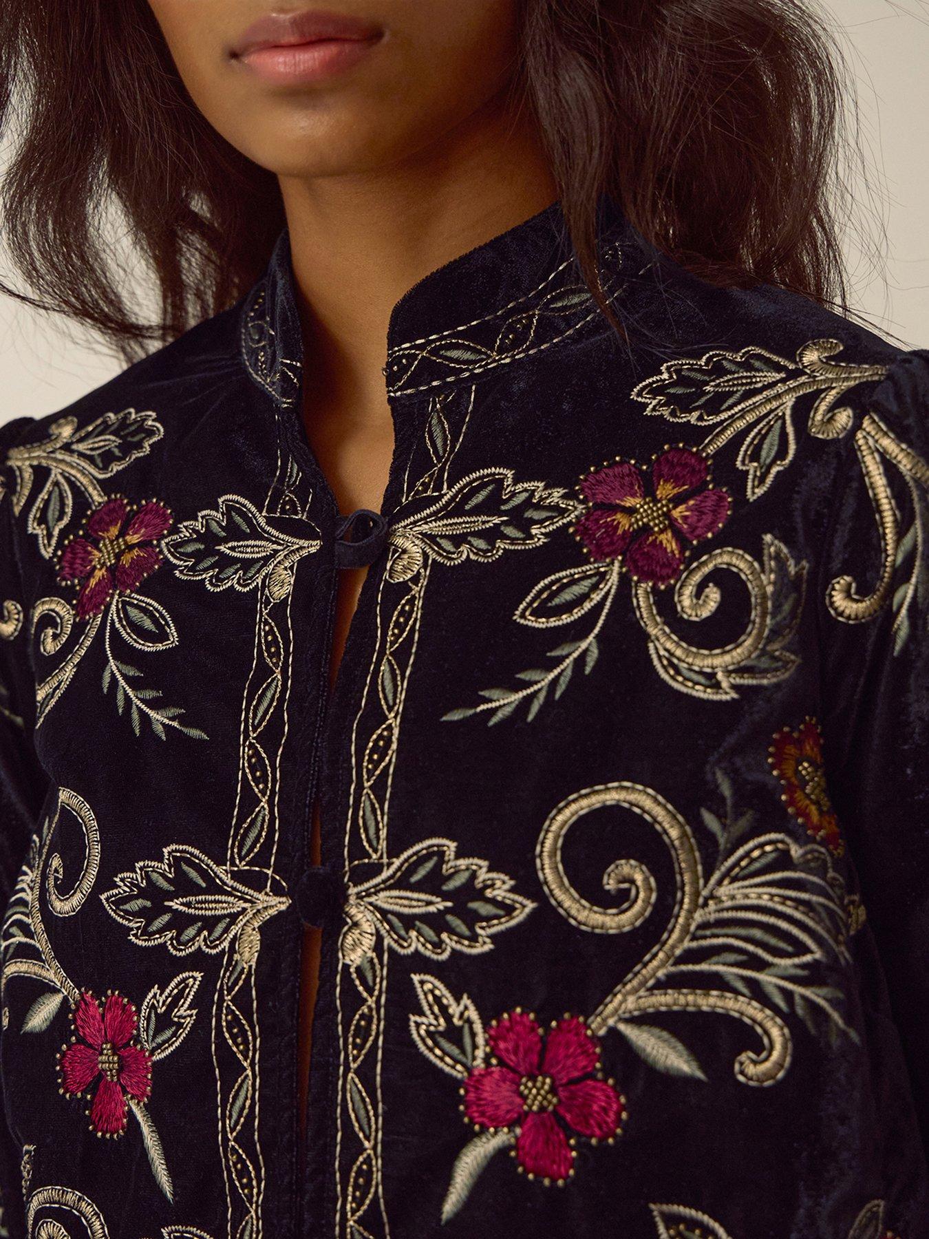 Image 4 of 4 of Monsoon Womens Frankie Embroidered Cropped Velvet Jacket - Black