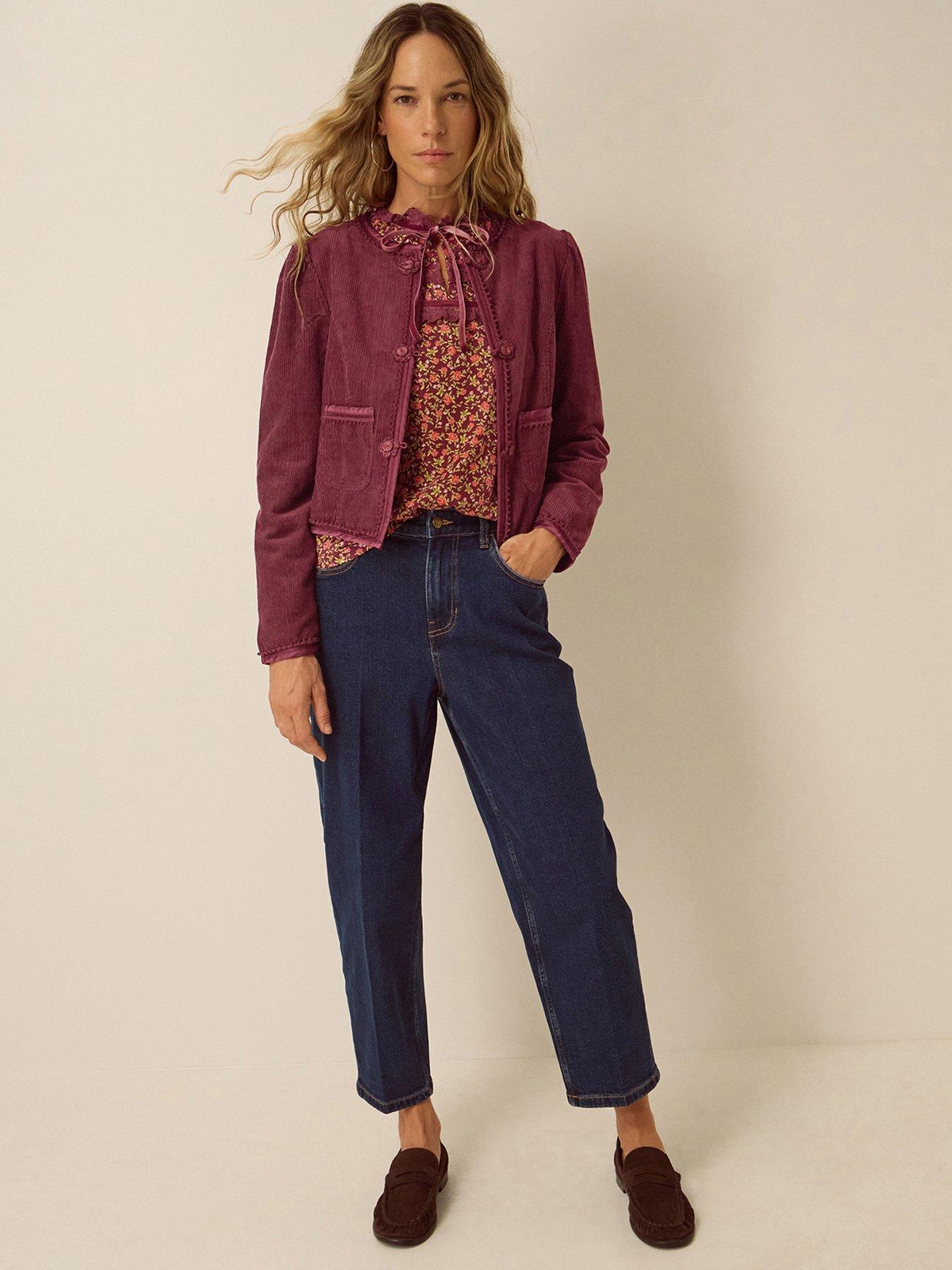 Image 1 of 5 of Monsoon Womens Fay Cord Cropped Floral Toggle Jacket - Red