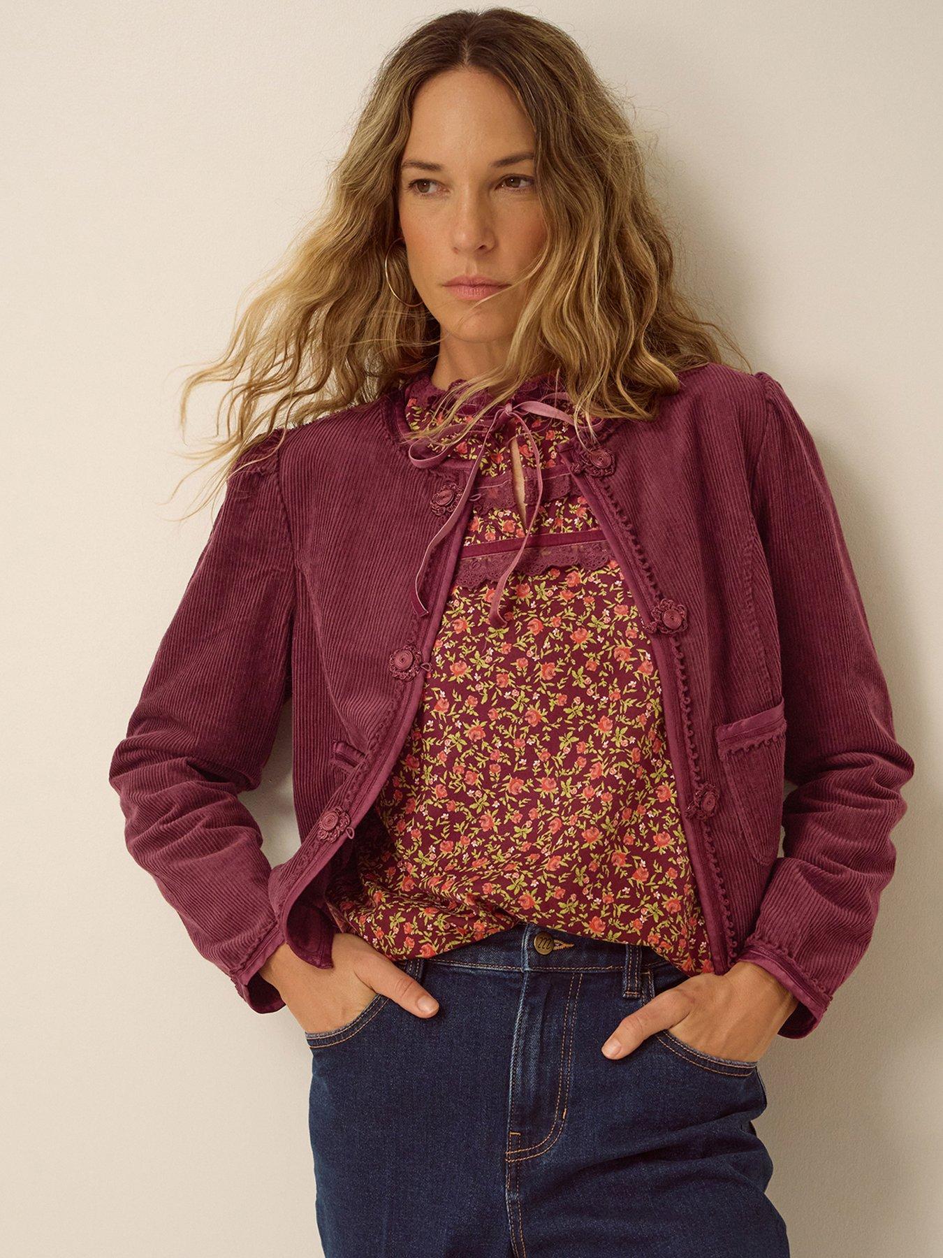 Image 2 of 5 of Monsoon Womens Fay Cord Cropped Floral Toggle Jacket - Red