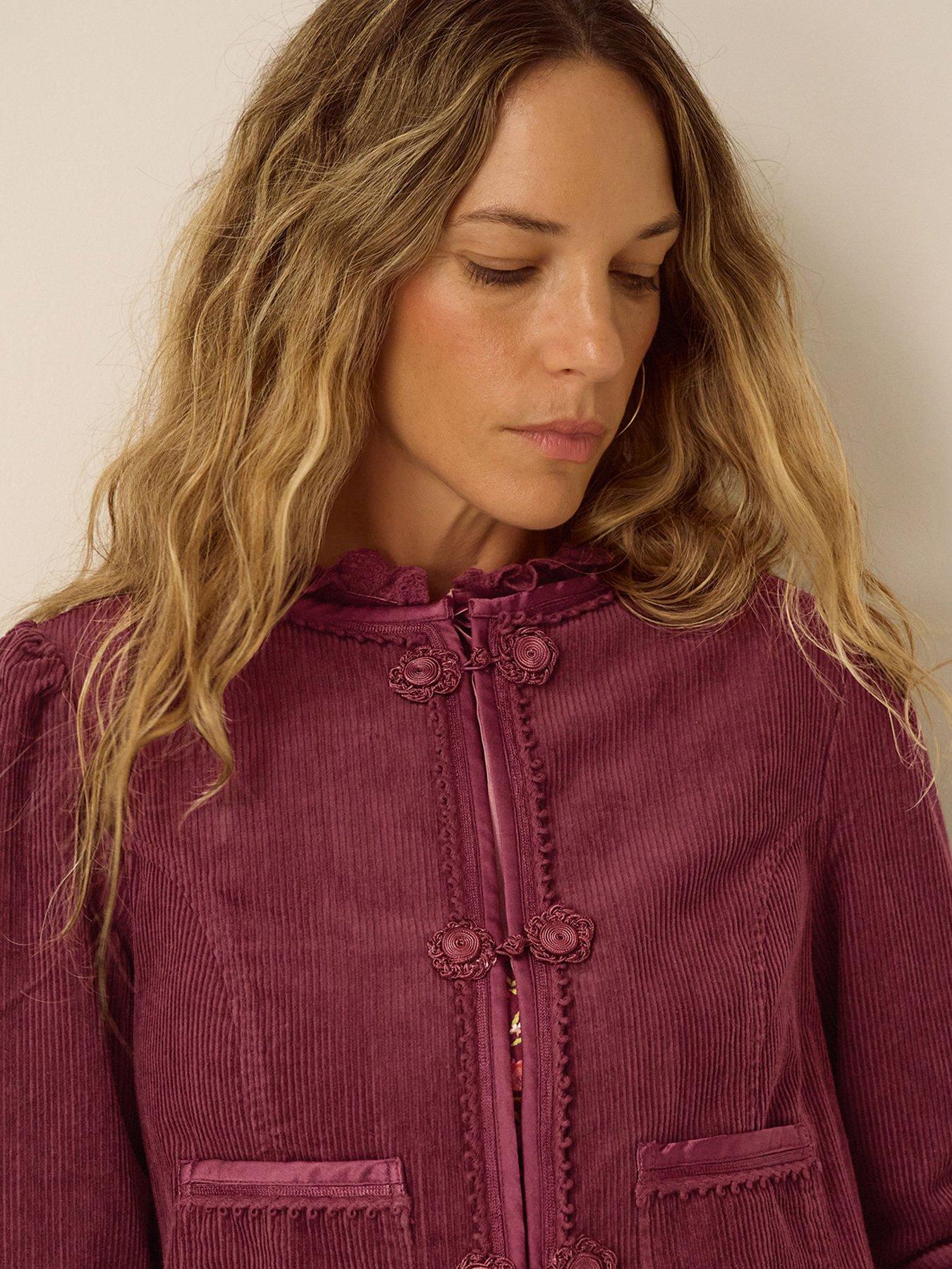 Image 3 of 5 of Monsoon Womens Fay Cord Cropped Floral Toggle Jacket - Red