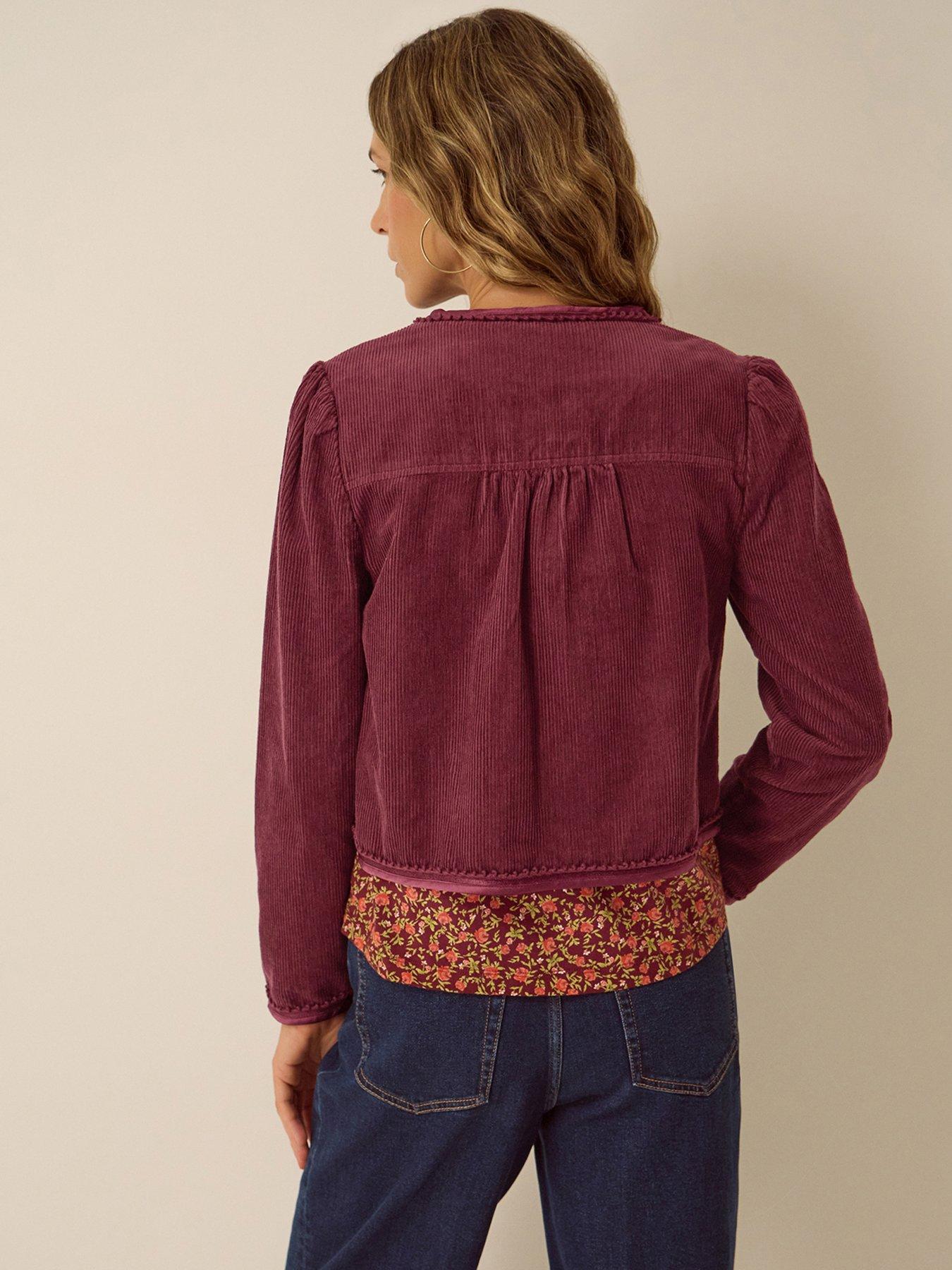 Image 4 of 5 of Monsoon Womens Fay Cord Cropped Floral Toggle Jacket - Red