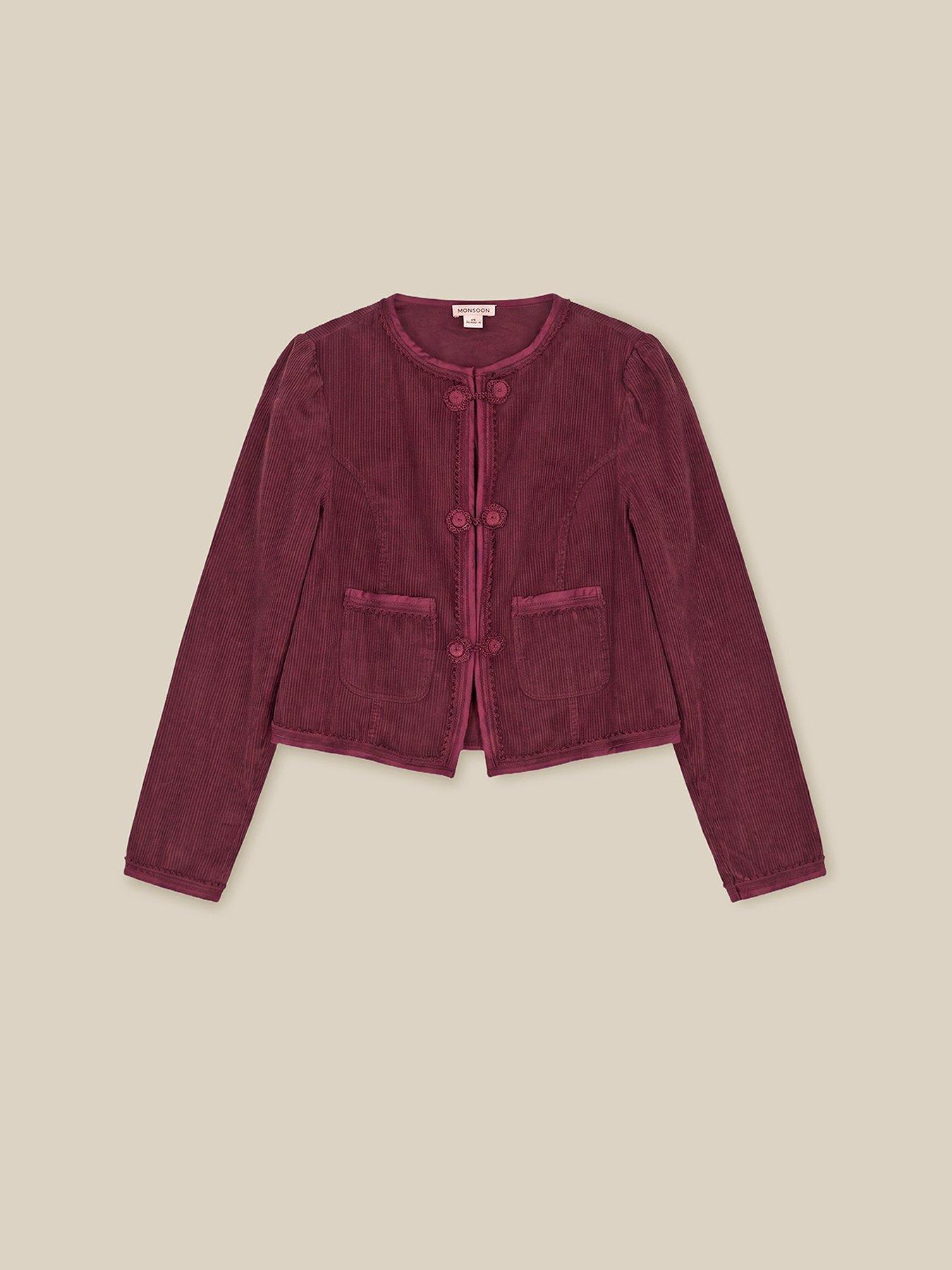 Image 5 of 5 of Monsoon Womens Fay Cord Cropped Floral Toggle Jacket - Red