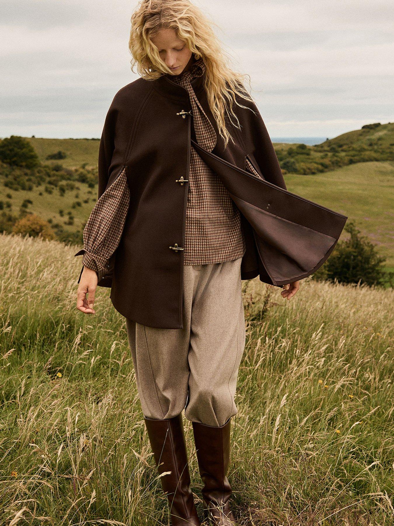 Image 1 of 7 of Monsoon Womens High Neck Toggle Cape Coat - Brown