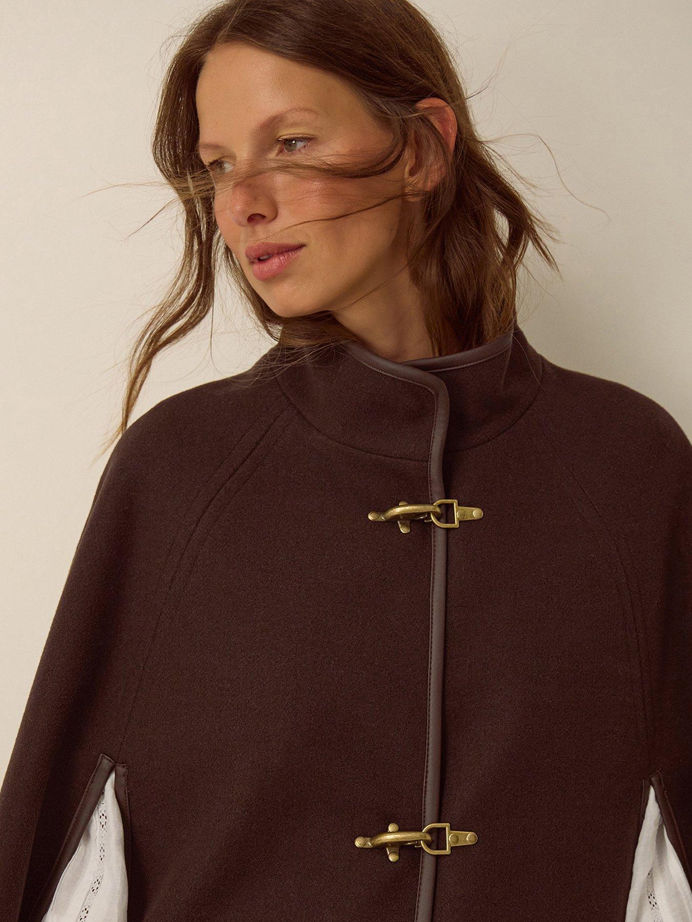 Image 3 of 7 of Monsoon Womens High Neck Toggle Cape Coat - Brown