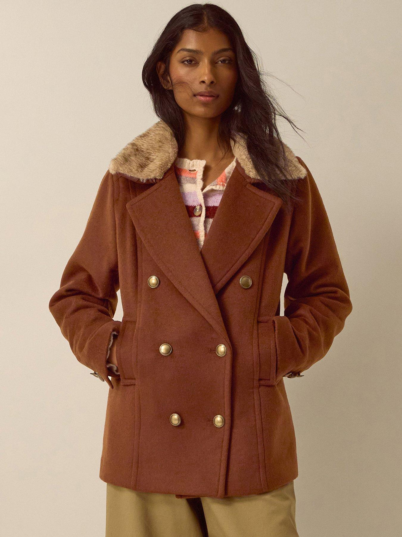 Image 1 of 4 of Monsoon Womens Sabrina Double-Breasted Faux-Fur Collar Pea Coat - Brown